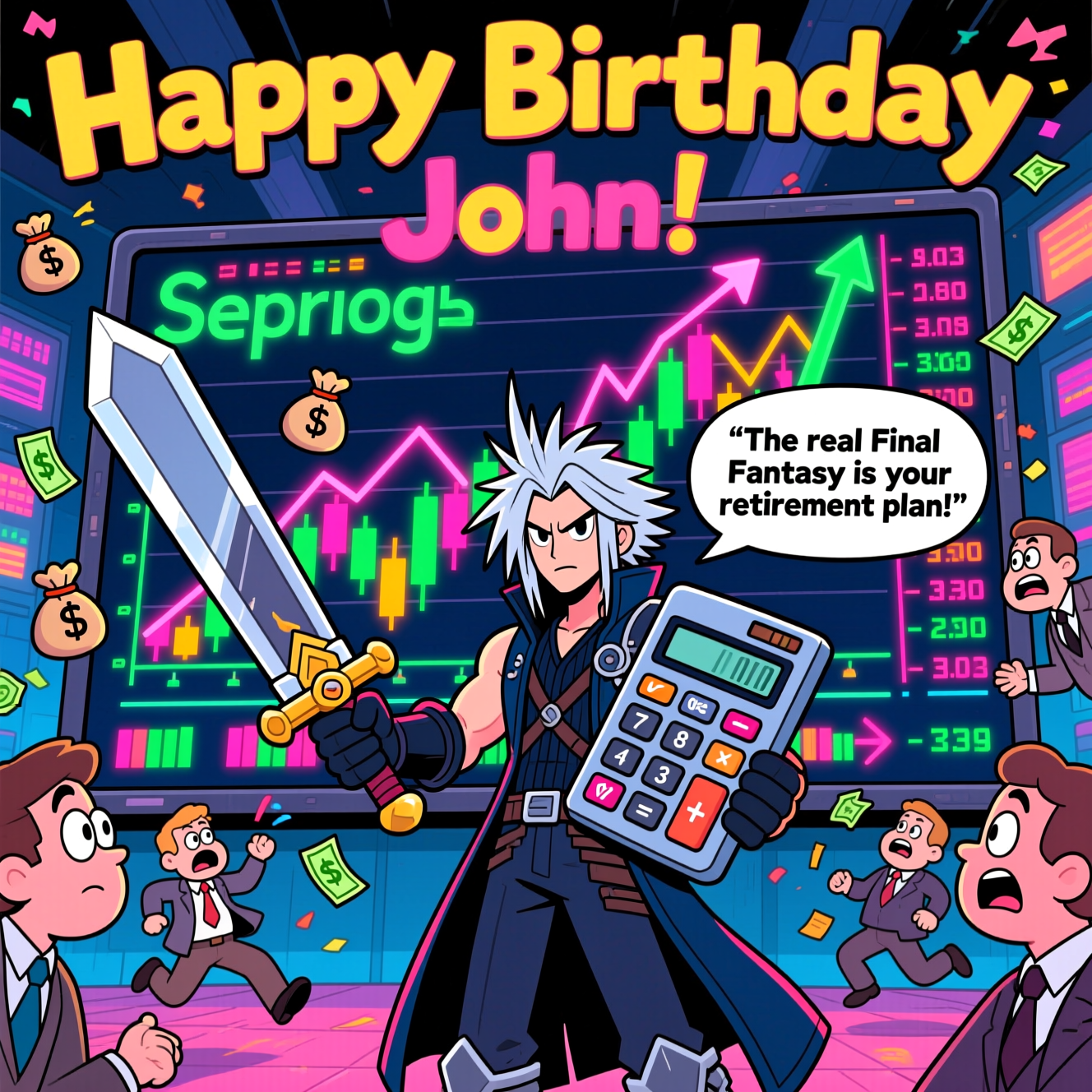 Sephiroth and stock market, and Birthday Card