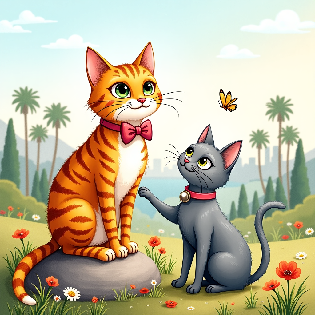 Happy birthday, One tabby boy cat with a white stomach, Los angels, and One grey girl cat stripy Birthday Card