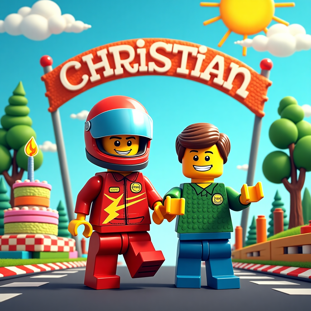 The front cover of the birthday greeting card bursts with vibrant, playful energy, showcasing a dynamic scene starring a Lego race driver and a Lego man in an exaggerated cartoon style.

**Foreground:**
- **Lego Race Driver:** Positioned at the center of the card, the Lego race driver is depicted in vivid detail. The driver dons a bright red racing suit adorned with yellow and white stripes, and a prominent logo of a lightning bolt on the chest. The helmet, a glossy blue, reflects glimmers of imaginary race track lights. His oversized, expressive eyes peek out from the helmet's visor, adding a touch of humor and character. 
- **Lego Man:** Next to the race driver stands the Lego man, clad in a green shirt with a printed brick pattern, paired with blue pants. His square jaw and comically exaggerated smile beam with excitement. His hands are positioned in a thumbs-up gesture.

**Midground:**
- **Race Track:** Behind the duo, a curving race track stretches across the card, crafted from Lego bricks. The track is a blend of red, yellow, and blue bricks, with whimsical twists and turns. Lego trees, made of stacked green bricks, line the track, their blocky branches arching playfully over the scene.

**Background:**
- **Sky:** The sky is a brilliant azure, dotted with fluffy, exaggerated white clouds in the shape of Lego bricks. A bright yellow sun, with rays shaped like elongated bricks, beams down from the top right corner.
- **Banner:** Suspended above the race track is a colorful banner, strung between two tall Lego poles. The banner, a festive strip of alternating red, blue, and green blocks, proudly displays the text "Christian" in bold, cheerful white block letters.

**Additional Elements:**
- **Birthday Cake:** To the left of the race driver, a whimsical birthday cake constructed entirely from pastel-colored Lego bricks stands tall. The cake features layers of pink, yellow, and mint-green bricks, topped with tiny, flame-shaped Lego candles.
- **Balloon Cluster:** A cluster of oversized, round Lego balloons in vibrant shades of red, orange, and purple floats above the scene, their strings held in the Lego man's hand.

The scene, inspired by a blend of Charles Schulz's whimsy, Osamu Tezuka's expressive characters, and Bill Watterson's dynamic compositions, creates a delightful and humorous celebration, ready to bring a smile to the recipient's face.
Generated with these themes: Lego race driver, and Lego man.
Made with ❤️ by AI.