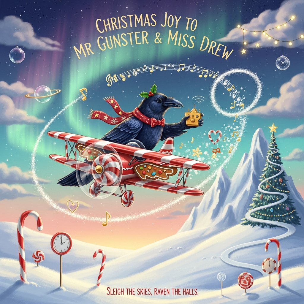Elegant raven is flying a rc plane, and Christmas Card