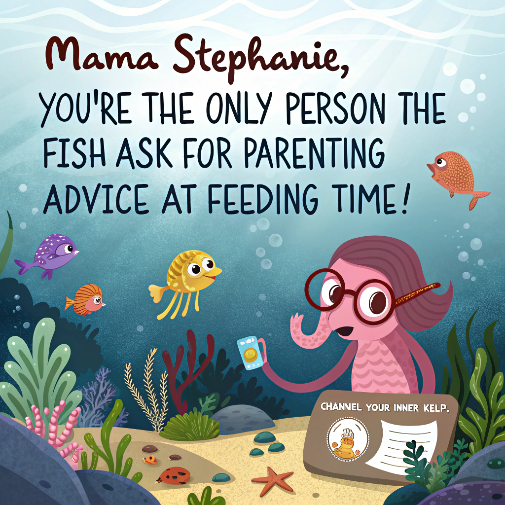 At the top of the image, "MAMA Stephanie, you're the only person the fish ask for parenting advice at feeding time!"

– The cartoon scene shows an underwater view of a comically crowded aquarium tank, with fish of all kinds—tropical, grumpy, confused, flamboyant—huddled around a sign that reads “Ask MAMA Stephanie: Weekly Fish Parenting Class.”

– A sassy octopus is at a little underwater podium wearing reading glasses and holding up a note that says “Channel your inner kelp.” 

– Behind the octopus is a fish pushing a tiny pram full of tiny guppy-fry, looking frazzled.

– An eel has its fins up as if saying “How do I get Jeremy to clean his side of the anemone!?”

– Bright colors, exaggerated facial expressions, and loads of tiny funny details hidden around the tank (like a jellyfish sipping tea and whispering gossip to a starfish).
Generated with these themes: Aquarium.
Made with ❤️ by AI.