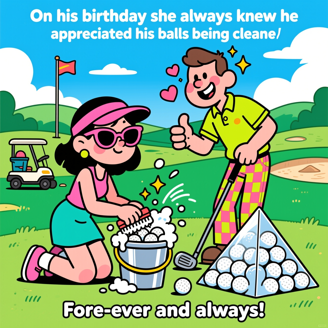 At the top of the Cartoon Style image, On his birthday she always knew he appreciated his balls being cleaned

Bright, playful cartoon scene on a sun-splashed golf course. Saturated emerald fairway and vivid blue sky with puffy clouds, rolling hills, and a waving flag in the distance. Center: a quirky couple with exaggerated proportions and thick black outlines. She, in a hot-pink visor, oversized sunglasses, and teal skort, kneels beside a shiny ball-washing station, vigorously scrubbing a bucket overflowing with golf balls; big foamy suds burst upward with sparkling star glints and swooshy motion lines. He, in loud plaid trousers and a neon polo, leans on an oversized driver, grinning goofily with rosy cheeks and a thumbs-up; little heart and sparkle doodles bounce around his head. A gleaming pyramid of freshly polished golf balls sits nearby, with comic shine marks; a caddy cart and sand bunker add depth in the background. Style: thick outlines, bold saturated colors, flat fills with soft cel-shading, whimsical perspective, energetic poses, and clean full-bleed composition.

Small caption at the bottom in chunky rounded lettering: Fore-ever and always!
Generated with these themes: Golf, and .
Made with ❤️ by AI.