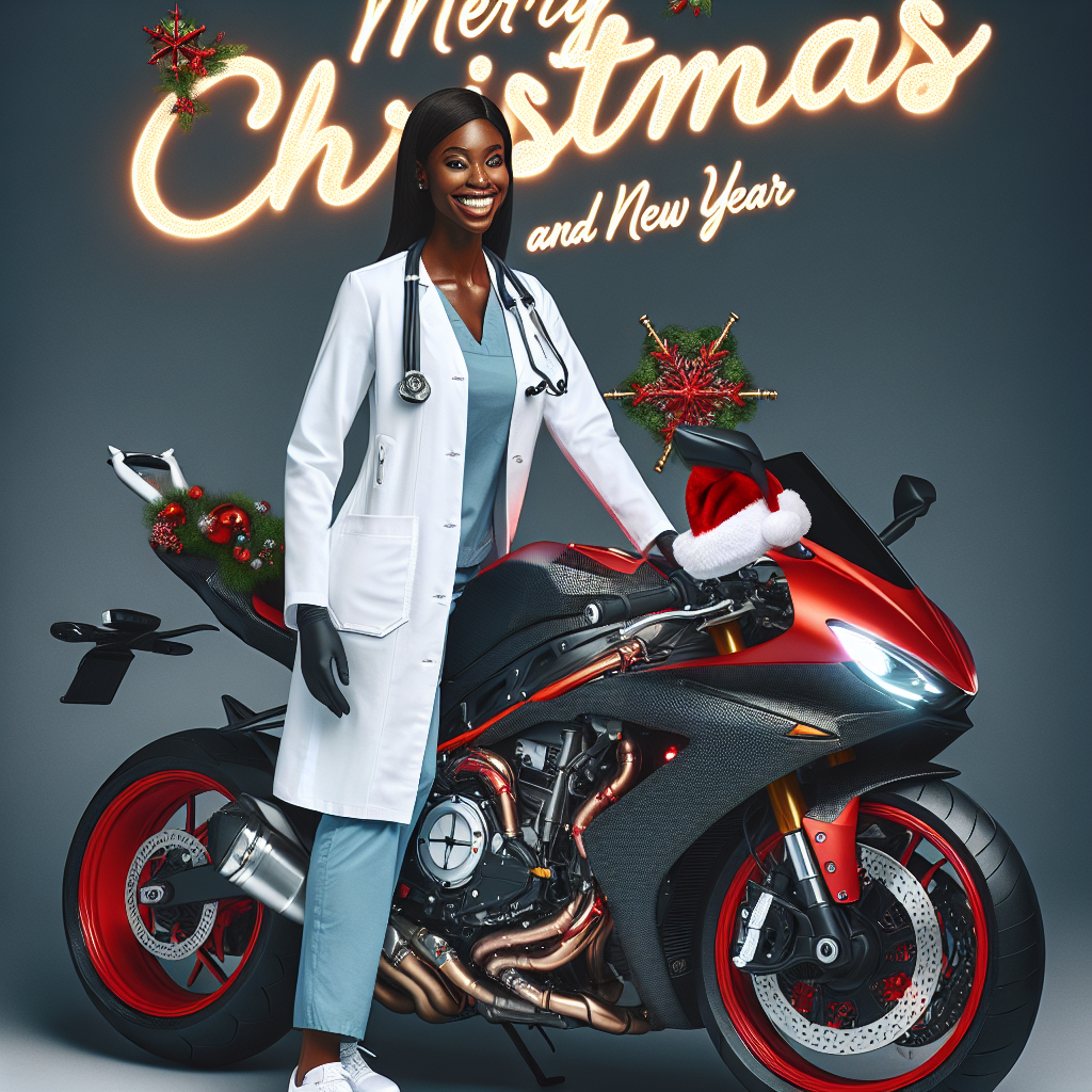 Lady Biker doctor in white coat and black leather jacket with Santa Claus hat and red Harley Davidson Christmas Card