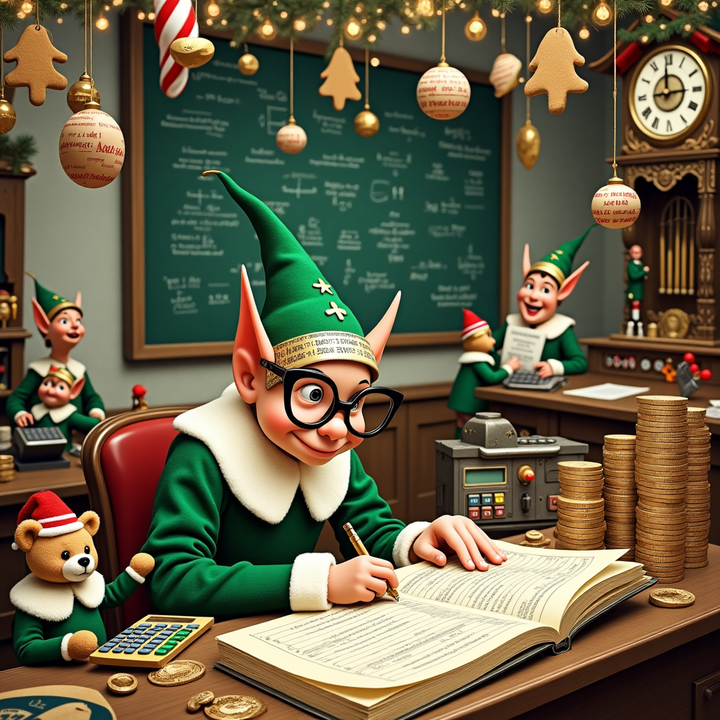 In a bustling, whimsical elf workshop reminiscent of a Norman Rockwell tableau with a twist of Quentin Blake's playful chaos, the scene is set for a Christmas caper centered around finance and accounting. At the forefront, a cheeky, bespectacled elf with oversized glasses—evoking a touch of Edward Gorey's eccentricity—sits at a vintage wooden desk cluttered with colorful abacuses, stacks of gold coins, and oversized candy cane calculators. The elf, sporting a green accountant's visor, is intently scribbling numbers into a massive, leather-bound ledger as piles of gingerbread cookies serve as makeshift paperweights. 

Above the elf, a cascade of parchment scrolls unravels from the ceiling, each printed with whimsical, handwritten financial forecasts and holiday budgets. Hanging from twinkling fairy lights are ornaments shaped like dollar signs and tiny balance sheets, adding a touch of Beardsley's intricate designs. In the background, other elves are busy at work, assembling toys with tools that humorously resemble calculators and adding machines, reminiscent of Maurice Sendak's playful world.

To the left, a chalkboard stands, its surface filled with festive yet complex equations—a fusion of Christmas magic and accounting—captured in a style akin to Gustave Doré's detailed engravings. An N.C. Wyeth-inspired tableau of toy soldiers line up in formation, dutifully carrying tiny calculators and ledgers, while a plush teddy bear in a business suit gives a mock presentation on an elf-sized flip chart.

The scene is dotted with charming, Beatrix Potter-esque woodland creatures assisting the elves, some balancing stacks of miniature presents labeled with price tags. An elaborate cuckoo clock on the wall above chimes with each passing hour, its clock face decorated with Santa’s merry face, keeping time with a ticking candy cane pendulum.

Every element of this festive finance fiasco is awash with the vibrant, rich colors typical of Maxfield Parrish, ensuring that this quirky Christmas card cover tells a unique, humorous story of yuletide accountancy in an elf-driven world.
Generated with these themes: Finance Accounting Elf Workshop.
Made with ❤️ by AI.