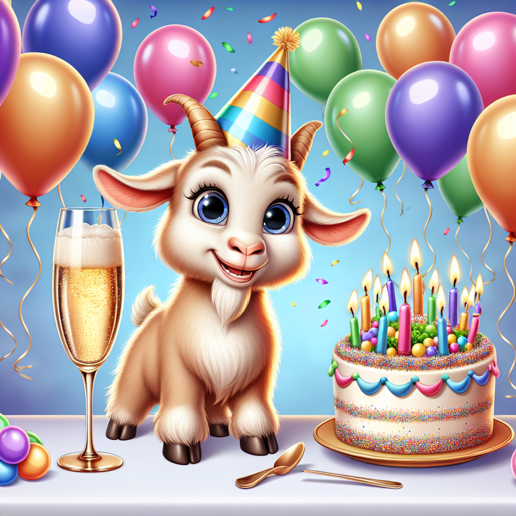 Create an enchanting image featuring a jovial celebration. At the center of this image is a light brown goat with a welcoming, cartoon-style smile, donning a festive party hat. Surrounding the cheerful goat are multiple colorful balloons that seem to float joyfully, creating an atmosphere of delighted merriment. On a table just in front of the goat is a beautifully presented birthday cake sprinkled with rainbow toppings and adorned with bright candles, eagerly waiting to be extinguished. On a side note, a charmingly cartoonish champagne glass filled with bubbly effervescence shines brightly, adding a sophisticated elegance to the otherwise cheerful environment.
Generated with these themes: Light brown goat, Baloons, Birthday cake, Cartoon, and Glass of champagne.
Made with ❤️ by AI.