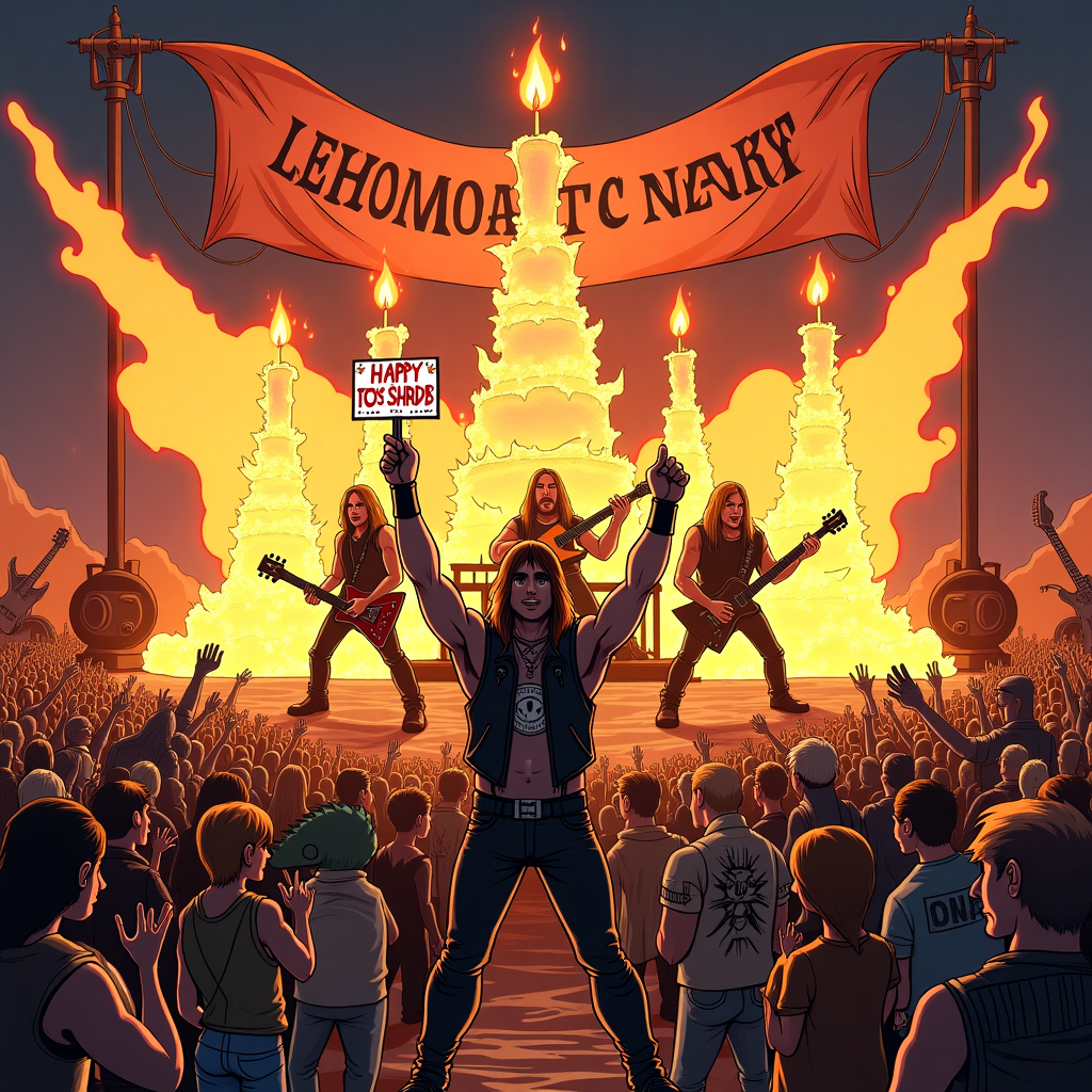 **Image Prompt:**

An epic, cartoon-style concert scene in a post-apocalyptic desert, à la Welcome to Rockville, with a stage shaped like a flaming birthday cake, blasting pyro and guitar riffs into the sky. On stage, cartoon versions of Judas Priest—complete with leather, studs, and massive guitars—are rocking out with electrified birthday candles as stage lights. In the crowd, various rock fans (dinosaurs in leather jackets, robots flashing devil horns, grandmas crowdsurfing) are going wild. Front and center is Rob, drawn in full metalhead gear, holding up a glowing guitar-shaped birthday card that says "BORN TO SHRED!" A giant banner waves behind the band with the phrase:

**At the top of the illustration image, “HAPPY BIRTHSLAY, ROB – YOU’RE READY TO ROCKVILLICIOUS!”**
Generated with these themes: Welcome to Rockville , Judas Priest , and Ready to Rock.
Made with ❤️ by AI.