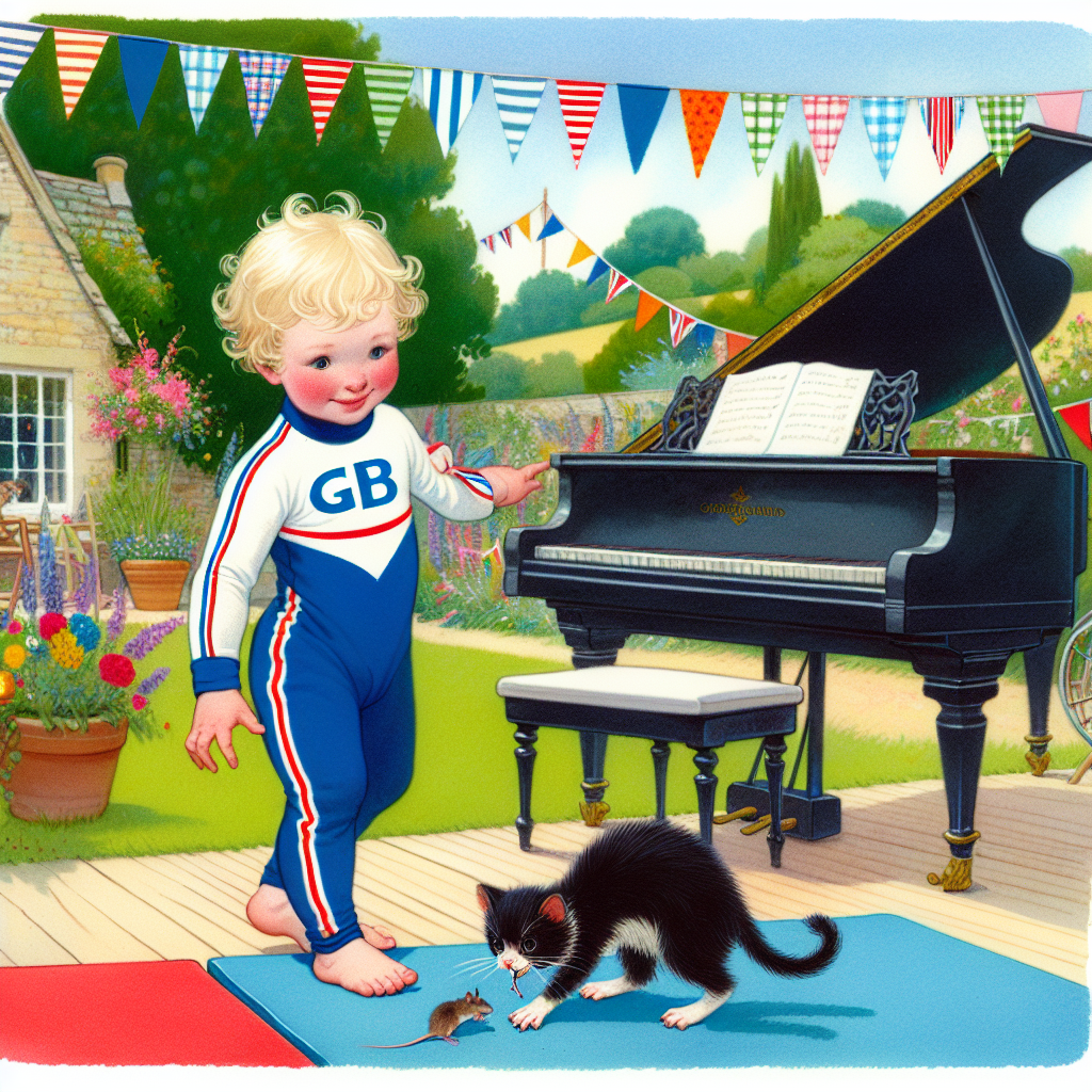 Illustrate a delightful summer fete in the Cotswolds, complete with characteristic English vibrancy. A grand black piano is the centrepiece, sitting beneath a strip of cheerful bunting. A two-year-old boy, with light curly hair and donning a miniature Team GB gymnastics kit is coyly preparing to tumble on a mat, his pose suggesting imminent gymnastic action. Not far from this, a mischievously grinning black cat trots past, humorously carrying a deceased mouse in its teeth, adding an extra layer of amusement to the birthday party atmosphere.
Generated with these themes: Two year olf son with light curly hair, Team GB gymnastics, Black cat with a dead Mouse in its moutb, Cotswold summer fete , and Black Grand Piano.
Made with ❤️ by AI.