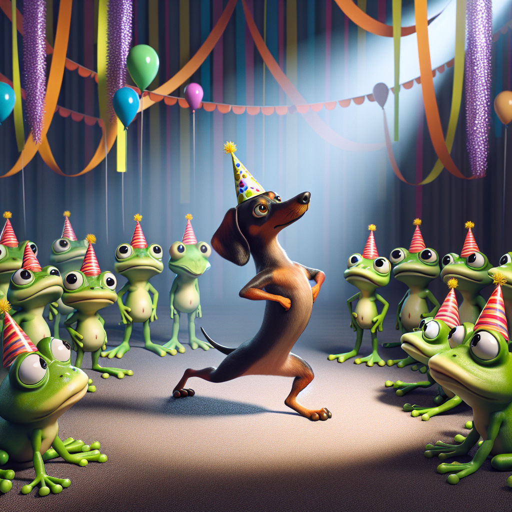 Imagine an animated tableau featuring adorable cartoon frogs, each one wearing a vibrant party hat. They are assembled around a jovial daschund, recognized by its lengthy body and short legs, who looks festive in a diminutive birthday hat, prancing among the frogs with visible enthusiasm. A spotlight shines on one particular frog, noteworthy for its humorous attempt at a yoga pose, incongruously injecting an air of tranquility amidst the joyous hullabaloo. Streamers and balloons act as festive decoration in the backdrop, setting the tone for a jolly, themed birthday celebration.
Generated with these themes: Frogs, Daschund, Dancing, and Yoga.
Made with ❤️ by AI.