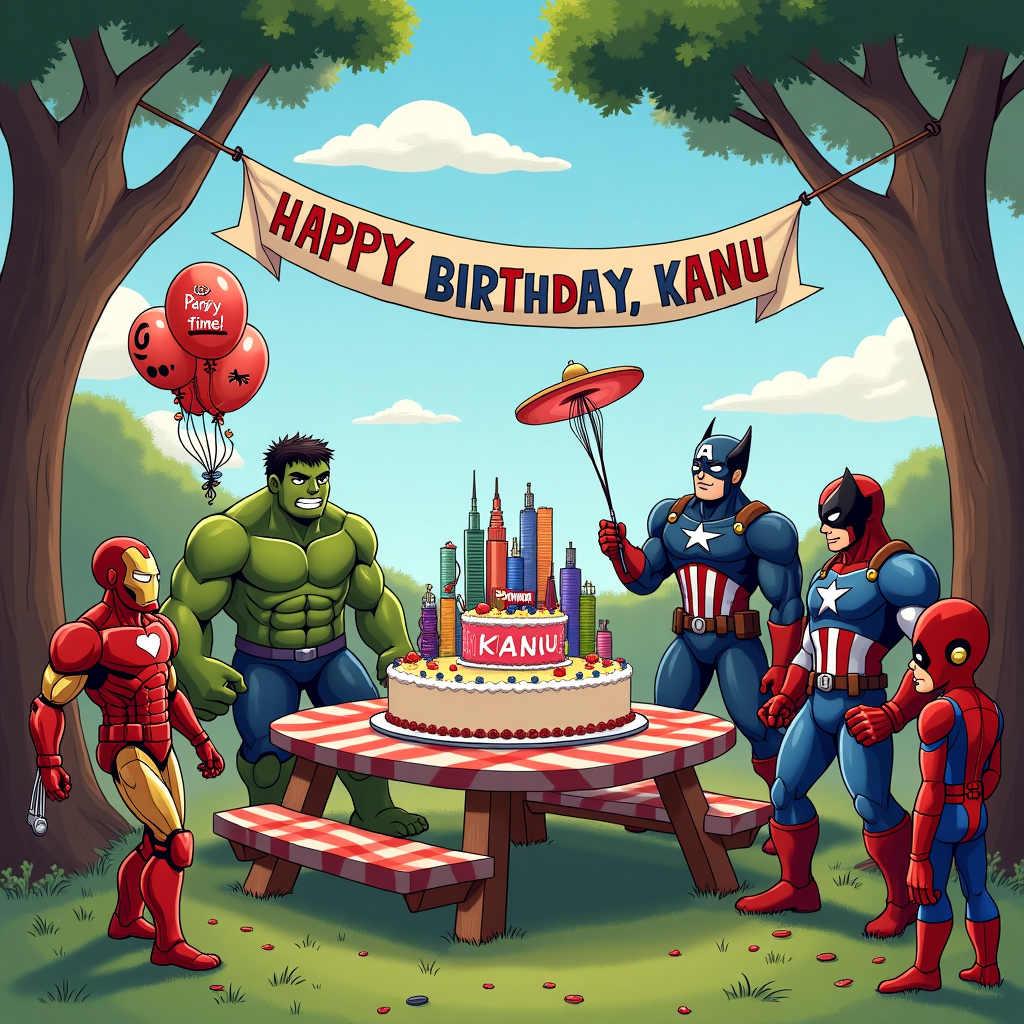 The scene unfolds in a vibrant and bustling park on a sunny afternoon, where iconic superheroes gather to celebrate a special birthday. At the center, a large picnic table is adorned with a spectacular birthday cake, intricately designed to resemble a tiny replica of the city skyline with the name "Kanu" inscribed in frosting on the tallest building. Surrounding the cake, Iron Man, in his gleaming armor, playfully hovers above the ground with his repulsors, adding a dynamic flair. Thor stands nearby, leaning his mighty hammer, Mjolnir, against the table while conjuring a light drizzle of sparks as a playful nod to a party sparkler.

To the left, Hulk, wearing a "Party Time!" cap, is holding a giant balloon bouquet featuring each superhero’s emblem, including a bright red spider for Spider-Man and a vibranium shield for Captain America. Spider-Man himself is perched upside-down from a nearby tree branch, eagerly taking photos of the gathering with his web-slinger.

On the right, Deadpool, dressed in a colorful Hawaiian shirt over his suit, cheekily wields a pair of spatulas as he flips burgers on a grill, adding a touch of whimsy. Nearby, Black Panther and Captain America are engaged in a friendly frisbee match using a "Happy Birthday, Kanu" themed frisbee.

The Flash zips around the scene, leaving a trail of confetti in his wake, adding to the festive atmosphere. Wolverine, with a festive party hat perched on his head, carefully slices the cake with his claws, ensuring perfect pieces for everyone.

Overhead, a vibrant banner stretched between two towering trees reads "Happy Birthday, Kanu!" in bold, colorful letters, while Thanos, surprisingly jovial, holds the end of the banner with a gentle smile. In the background, a picturesque sky frames the entire scene, with fluffy clouds forming a subtle "Kanu" overhead, completing this heroic birthday celebration.
Generated with these themes: Iron man, Thor, Hulk, Flash, Spiderman, Deadpool, Black panther, Captain america, Wolverine, Thanos , Birthday cake with kanu written on it, Banner with kanu written on it, and Keep character proportions.
Made with ❤️ by AI.
