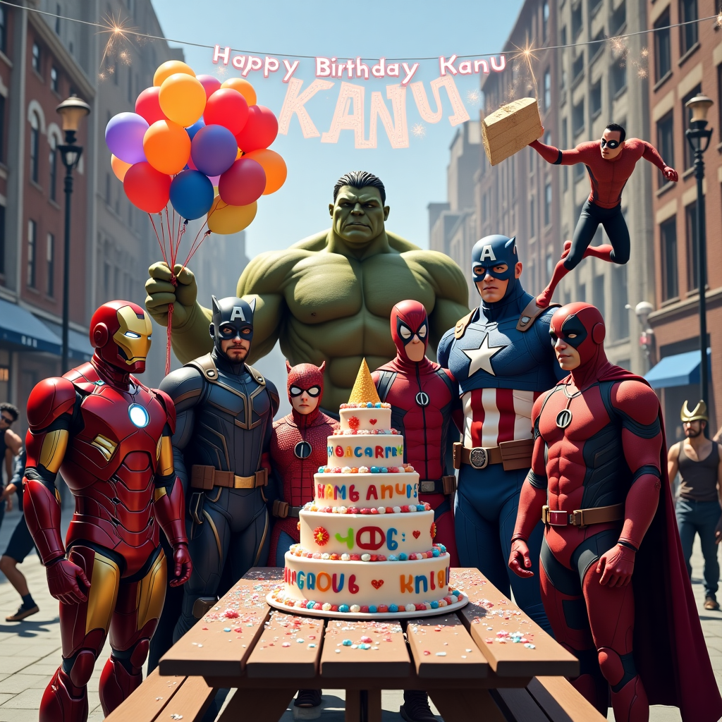 In a bustling cityscape playground, the iconic characters of Iron Man, Thor, Hulk, Flash, Spider-Man, Deadpool, Black Panther, Captain America, Wolverine, and Thanos come together for an epic birthday celebration in honor of Kanu. In the foreground, a magnificent three-tiered birthday cake adorned with "Kanu" in bold, colorful icing sits atop a sturdy picnic table. Surrounding the cake, Iron Man stands proudly, his repulsor beams flickering like party lights. Thor, with his mighty hammer Mjolnir, holds it high to the sky as it emits a gentle lightning glow that spells out "Happy Birthday Kanu" in the clouds.

Nearby, the Hulk stands towering and gentle, delicately tying a massive balloon bouquet with "Kanu" emblazoned on each balloon in comic-style lettering. Flash is captured mid-stride, leaving a trail of birthday streamers in his wake as he zooms around the scene. Spider-Man hangs upside down from a web above, cheekily placing a party hat on Deadpool, who is busy juggling cupcakes with expert precision. Black Panther stands regally to the side, a subtle smile on his face, holding a beautifully wrapped gift labeled for Kanu.

Captain America is caught mid-throw, launching his shield like a frisbee towards Wolverine, who is playfully posing with his claws out, using them to slice through a giant "Kanu" piñata shaped like a star. In the background, Thanos, with a surprisingly jovial expression, is wearing a tiny "birthday boy" hat as he uses the Infinity Gauntlet to conjure a dazzling display of fireworks that illuminate the sky with Kanu’s name in brilliant hues.

Beneath a festive "Happy Birthday Kanu" banner strung between two city lamp posts, the entire ensemble is frozen in a moment of camaraderie and celebration, creating a dynamic and captivating birthday scene that bursts with personality and superhero charm.
Generated with these themes: Iron man, Thor, Hulk, Flash, Spiderman, Deadpool, Black panther, Captain america, Wolverine, Thanos , Birthday cake with kanu written on it, Banner with kanu written on it, and Keep character proportions.
Made with ❤️ by AI.