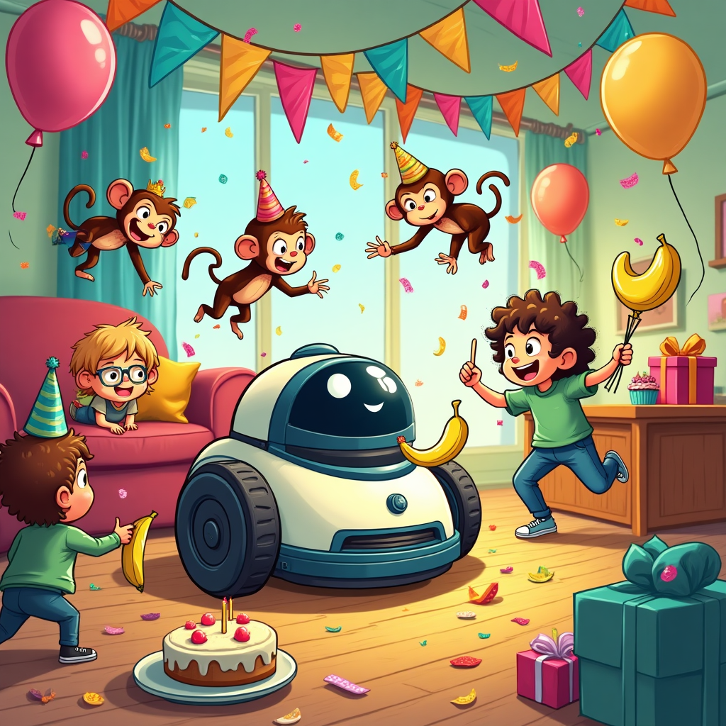 Robot vacuum, Monkeys , 4 kids, and Birthday Card