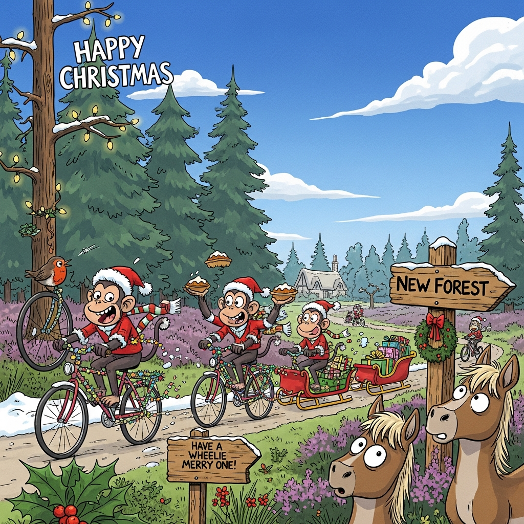 At the top of the Cartoon Style image, Happy Christmas

A funny Christmas cartoon set in the New Forest under a brilliant blue winter sky: a troop of cheeky monkeys in Santa hats cycling along a pine-and-oak forest trail past heathland and gorse, bikes wrapped in tinsel and fairy lights. One monkey pops a wheelie, another juggles mince pies, another tows a tiny sleigh piled with presents; a robin in a scarf rides a handlebar. A carved wooden signpost reads “New Forest,” while a pair of wide-eyed New Forest ponies watch, looking adorably baffled. Snow-dusted ground, holly and red berries, twinkling fairy lights in the branches, a distant thatched cottage with a wreath. Style: playful Cartoon Style with exaggerated proportions, thick black outlines, bright saturated festive colors, big expressive faces, whimsical energetic poses, dynamic motion lines, crisp sunlight sparkle, clean azure sky with puffy clouds. Add one small, cheeky text element on a trail sign near the path: “Have a wheelie merry one!” Keep the composition image-first with a roomy sky for the header, lively, humorous, and cozy.
Generated with these themes: New Forest , Monkeys , Cycling , Blue sky, and .
Made with ❤️ by AI.