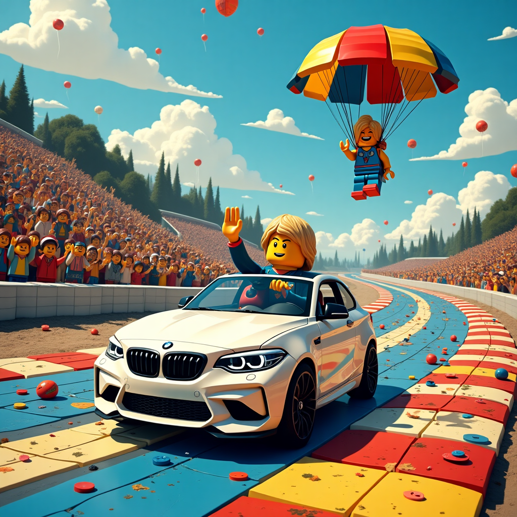 Blond lego racing boy and white bmw m2 at racing tarck , Lego girl with long blond hair jumps parachute at racing track , and Congratulations Card