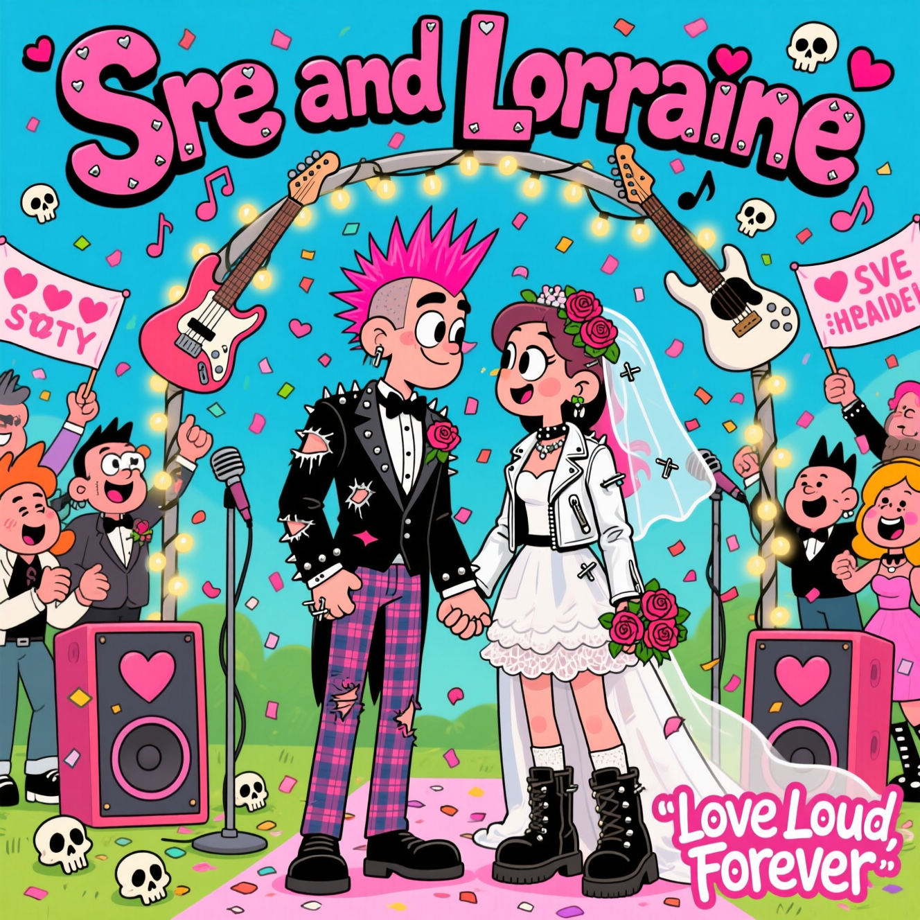 At the top of the Cartoon Style image, in bold, playful punk lettering with little heart-shaped studs, write: **Sre and Lorraine**  

Create a romantic wedding scene in a vibrant, playful cartoon style where the bride and groom are full-on punk rock sweethearts. The groom wears a ripped tuxedo jacket with studded lapels, skinny tartan trousers, and bright pink mohawk, while the bride rocks a white leather jacket over a frilly dress, combat boots under her gown, and a veil adorned with safety pins and roses. They are standing under an arch made of guitars, microphone stands, and fairy lights, with heart-shaped speakers blasting music notes into the air. Their hands are clasped, eyes sparkling, as confetti made of tiny skulls and hearts rains down. Around them, quirky cartoon wedding guests in punk attire cheer, some holding banners with silly romantic slogans. Bright, saturated colors, chunky outlines, and exaggerated expressions make the scene pop with energy. In the bottom corner, in cheeky graffiti-style text, add: **"Love Loud, Forever"**.
Generated with these themes: Punk rock, and .
Made with ❤️ by AI.