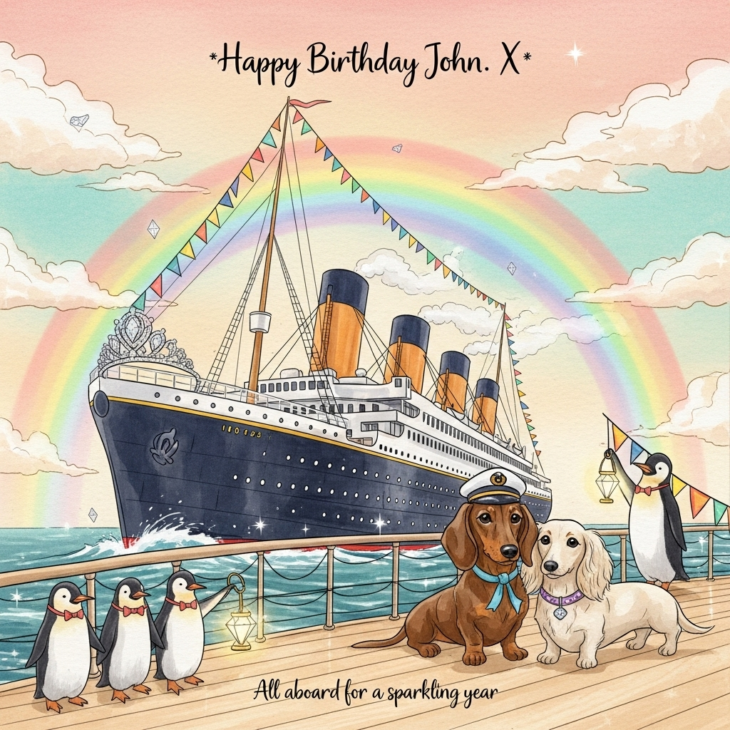 At the top of the Illustration Style image, Happy Birthday John. X

Hand-drawn illustration with fine linework, textured brush strokes, and a warm, expressive color palette. Portrait composition, large central scene: a graceful early-1900s ocean liner reminiscent of the Titanic, shown three-quarter view gliding on a calm, sunlit sea. The hull is deep navy with soft gold trim; four warm-ochre funnels exhale the faintest pearly vapor. On the bow sits an elegant, diamond-studded tiara as a gleaming figurehead, catching the light. A soft sun-shower paints a luminous rainbow arcing protectively over the ship, its colors gentle and pastel.

On the promenade deck, a pair of dachshunds with soulful, affectionate eyes: one smooth-haired chestnut wearing a tiny navy captain’s cap and pale blue ribbon; one cream long-haired pup with a delicate silver collar and a tiny diamond charm. Opposite them, three polite penguins in little steward bow ties string rainbow bunting from mast to mast; one penguin holds a small diamond-shaped lantern that sparkles. Subtle diamond-like glints shimmer in the sea spray and along the rigging, echoing the tiara’s sparkle. The sky melts from warm apricot to soft rose and teal, with tender, painterly clouds. Everything feels safe, heartfelt, and celebratory—no distress, no iceberg—just serene, glowing warmth.

Text treatment: the top line “Happy Birthday John. X” is hand-lettered in a gentle, elegant script with soft gold-ink texture and a slight shadow for legibility, centered over the rainbow. At the very bottom, in small, sincere lettering: “All aboard for a sparkling year.”

Styling notes: fine ink linework, watercolor-style washes on textured paper, visible brush strokes, soft-grain shading, balanced composition with the ship central, rainbow arch framing, dachshunds left and penguins right. Warm highlights, subtle vignetting, crisp yet tender details.
Generated with these themes: Titanic, dachshunds, rainbows, penguins, diamonds, tiara, and .
Made with ❤️ by AI.