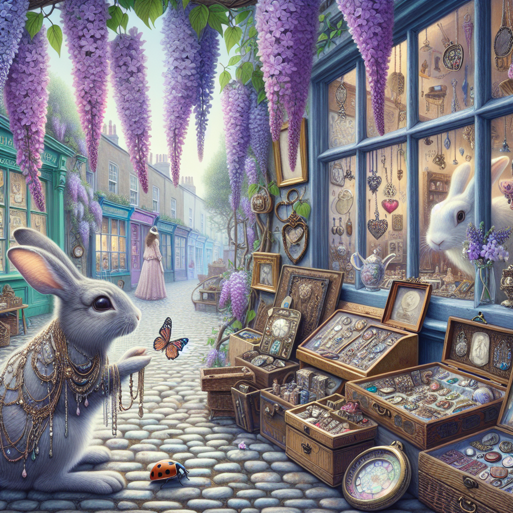 Antique shop, Street, Rabbit, Wisteria, Ladybird, and Butterflies Mothers-day Card