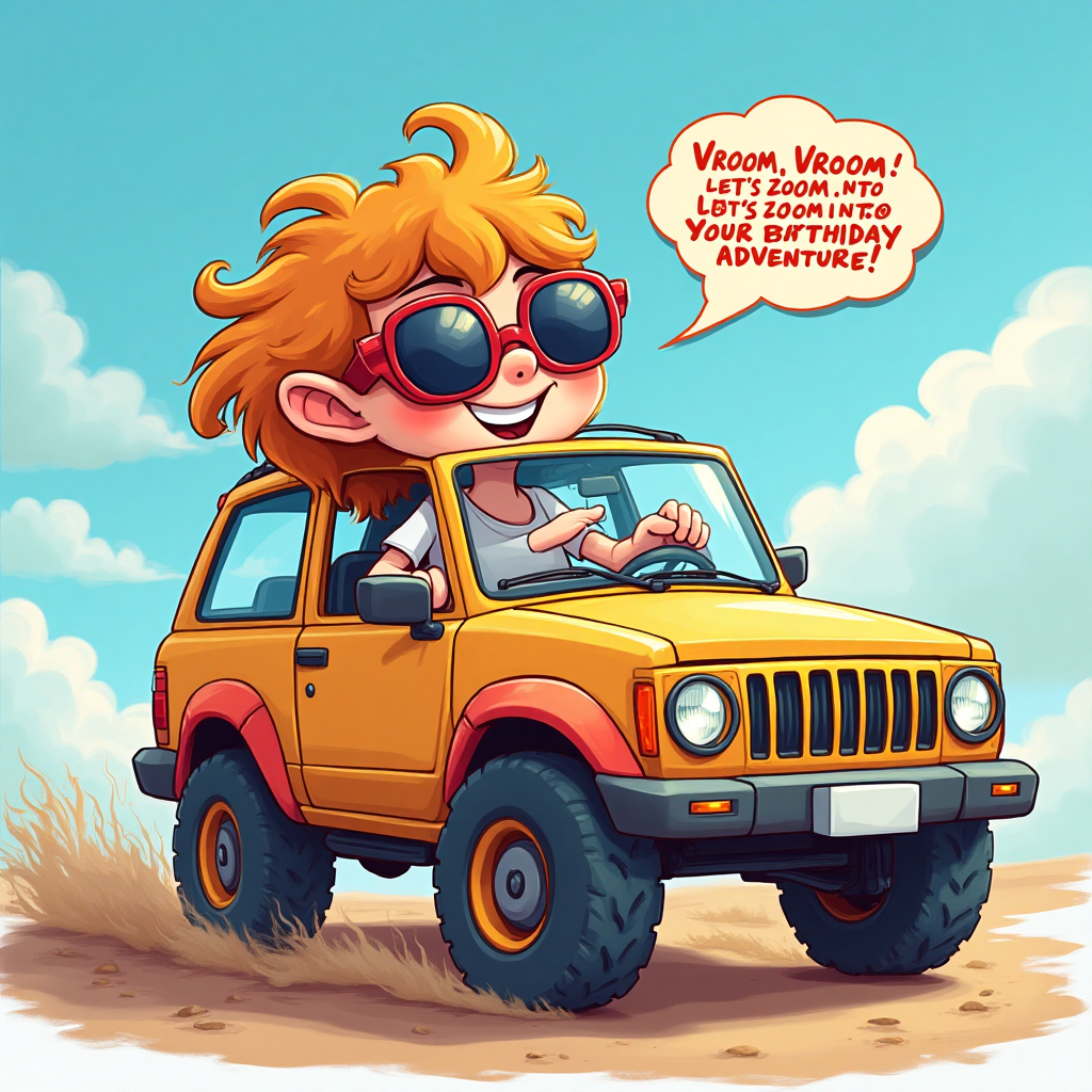At the top of the Cartoon Style image, "Happy Birthday, Marley!"

Create a lively and colorful scene featuring a cartoonish SUV with exaggerated features, like oversized wheels and vibrant paint. The SUV is being driven by a cheerful character with fluffy, unruly hair that seems to bounce with the car's motion. The driver wears quirky, round sunglasses and has a wide, enthusiastic grin, exuding a sense of excitement and joy. The scene is set against a whimsical background of fluffy clouds and a bright blue sky. A speech bubble emerges from the driver's mouth, humorously proclaiming, "Vroom Vroom, Let's Zoom into Your Birthday Adventure!"
Generated with these themes: A nice SUV car , A guy with fluffy hair that drives it, and .
Made with ❤️ by AI.