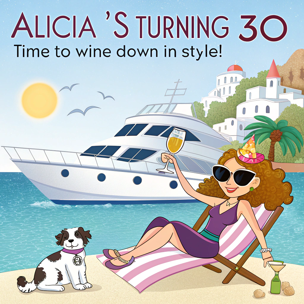 Yacht Birthday, Yacht, Greece , Alicia , Champagne , Black and white cocker, and 30 Birthday Card