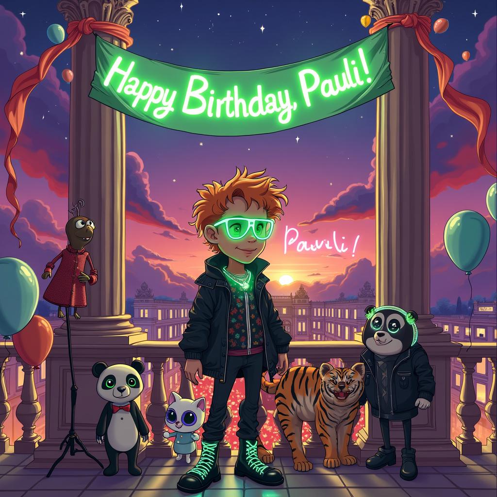 On a high balcony overlooking the grand Vienna Opera House, a slender strawberry blond cartoon character with a short curly mullet and a broad jawline stands out, dressed in dark 90s rave gear and avant-garde Japanese street style. Adorned with a glowing set of neon-green glow sticks and intricately patterned clothing, this character is surrounded by a lively gathering of seven smiling animals. Among them are a dancing panda wearing a neon headband, a stylish tiger sporting sunglasses and a glow-in-the-dark collar, and a dazzling peacock with its feathers illuminated by tiny LED lights. A cheerful monkey juggles glowing balls, while a cool cat dons a tiny black leather jacket, and a dog displays a shiny bow tie. A small rabbit bounces excitedly, showcasing colorful neon bracelets. 

The majestic Vienna Opera House, with its grand columns and ornate facade, creates a stunning backdrop bathed in twilight. Above the balcony, vibrant red and gold silk fabrics flutter in the air, drifting from a tailor's dummy dressed in an elegant red Dior gown nearby. Adding to the celebration, a large glowing banner reads "Happy Birthday, Pauli!" strung between two ornate columns, accompanied by floating balloons adorned with colorful patterns and some featuring Pauli's name in glittery letters. The sky above is a beautiful swirl of purples and blues, dotted with faint glowing stars, where the name "Pauli" seems to materialize in the clouds as if written by an invisible hand. This entire scene is rich with energetic details and vibrant colors, making it a whimsical and lively birthday celebration.

Generated with these themes: A slender strawberry blond cartoon character with a short curly mullet, a broad jaw line, dressed for a dark 90s rave with glow sticks, avant-garde Japanese street style in dark colors, dancing on a balcony with seven animals, all smiling, the Vienna Opera in the background, a tailor's dummy with a red gown from Dior, and silk fabric flying in the air. Made with ❤️ by AI.