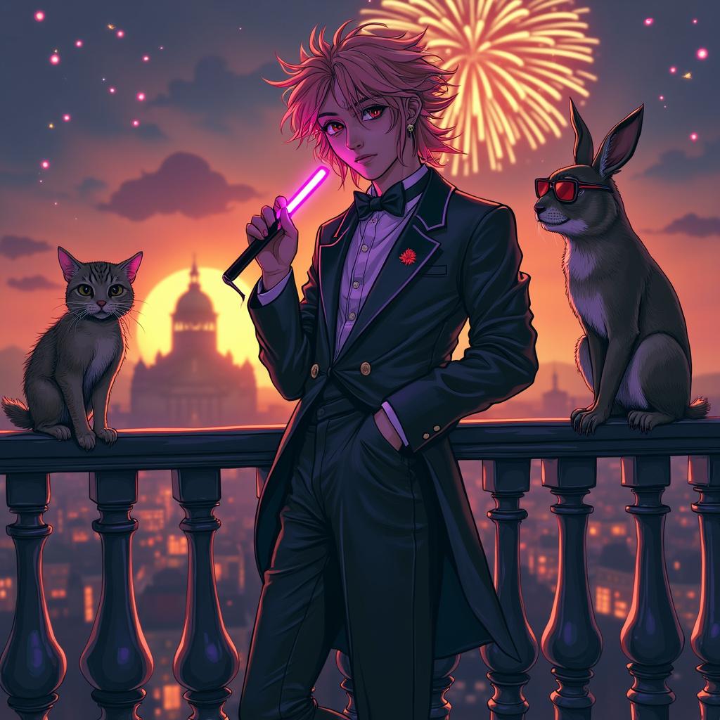 On a lively evening at the Vienna Opera House, a slender cartoon character with a striking strawberry blond, short curly mullet and a broad jawline is dancing joyfully on a balcony. This character is outfitted in a dark 90s rave ensemble that embraces avant-garde Japanese street style, complete with glowing glow sticks that add a vibrant flair to their look. Surrounding this scene are seven smiling animals, each adorned in charming outfits: a cat in a tiny tuxedo, a dog wearing a festive party hat, a cool parrot sporting sunglasses, a cheerful monkey holding a banana, a dapper rabbit with a bow tie, a dancing squirrel with a tiny top hat, and an owl distinguished by a scholar cap. Above them, the evening sky is ablaze with spectacular fireworks that spell out “Happy Birthday Pauli,” adding to the celebratory atmosphere. Nearby, a tailor's dummy showcases a stunning red Dior gown, positioned elegantly near the balcony railing, while silk fabric flies gracefully through the air, enhancing the magical ambiance of the scene. 

Generated with these themes: A slender strawberry blond cartoon character with a short curly mullet, a broad jawline, dressed for a dark 90s rave with glow sticks, avant-garde Japanese street style in dark colors, dancing on a balcony with 7 animals, all smiling, Vienna Opera in the background, a tailor's dummy with a red gown from Dior, and silk fabric flying in the air. 
Made with ❤️ by AI.