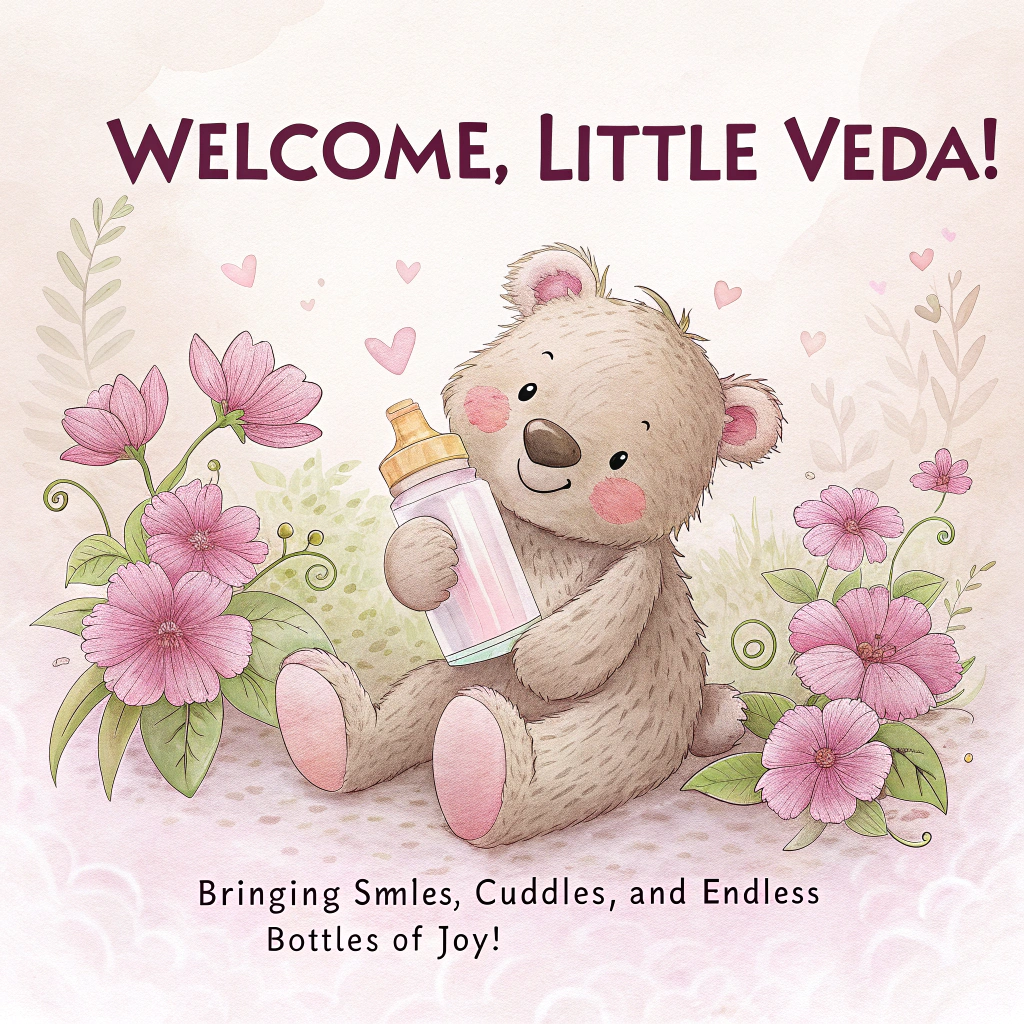 At the top of the image, "Welcome, Little Veda!":

    At the bottom of the image, "Bringing smiles, cuddles, and endless bottles of joy!"

    - In the center of the image, create a heartwarming watercolor scene featuring a cuddly teddy bear nestled among soft pink flowers.
    The bear holds a tiny milk bottle, and its fluffy texture blends seamlessly with the pastel hues of the flowers, creating a gentle, dreamy atmosphere.
Generated with these themes: Colours, Teddy, Pink, Flowers, Milk bottle, and .
Made with ❤️ by AI.