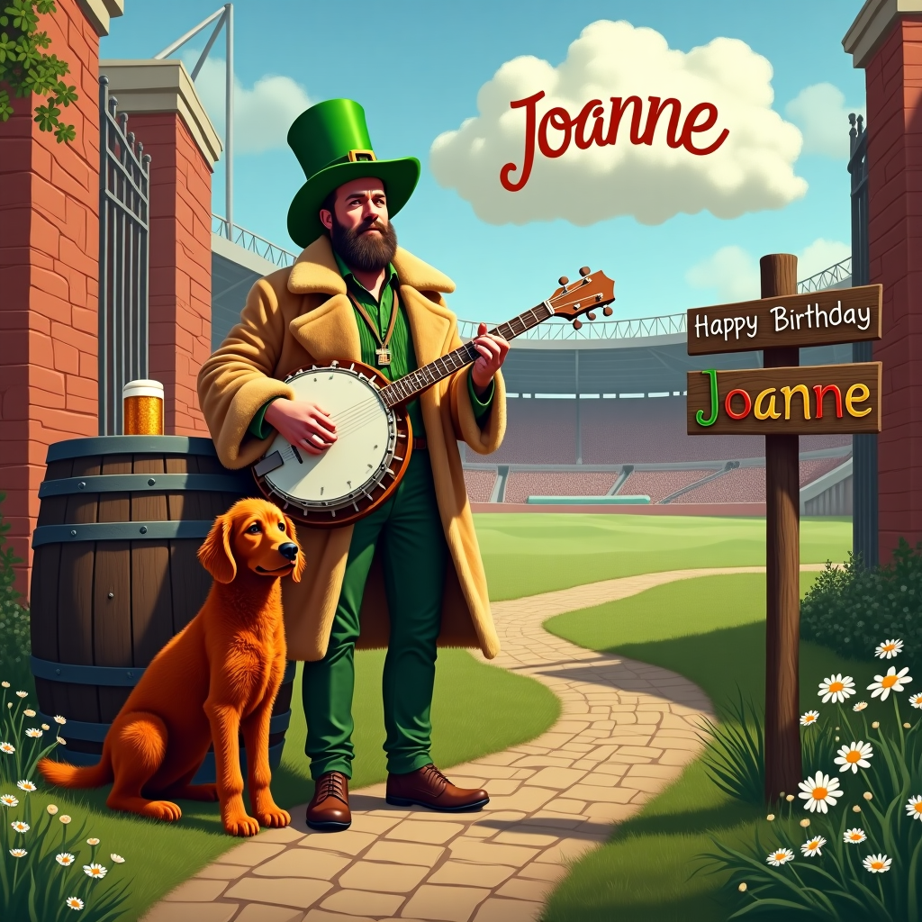 In the foreground of the scene stands Ben Affleck, depicted with an unexpected flair, embodying a lively yet slightly solemn birthday gathering. He sports a bright green leprechaun hat that sits jauntily atop his head, its shamrock accent subtly hinting at mischievous mirth. Draped around his shoulders is an elaborate coyote fur coat, its earthy hues and textures contrasting with the vibrant green of the hat. Ben is skillfully playing a banjo, each string resonating with a sense of rhythmic storytelling. His left hand grips a large, frothy stein of beer, the amber liquid within reflecting the golden sunlight.

Adjacent to Ben is a sturdy, well-aged whiskey barrel, its wood grain visible with rings that tell tales of years gone by. Leaning casually against this barrel is a bright red Australian labradoodle, its fur a rich, fiery hue, complementing the red-bricked walls of Old Trafford looming majestically in the background. The famous stadium provides a nostalgic touch to the scene, its gates open wide, inviting spectators to a timeless match.

In the sky above, the name "Joanne" is artfully written by a single whimsical cloud formation, as if shaped by the playful breeze. This cloud is positioned just so that it seems to float above Old Trafford, adding a personal touch to the otherwise bustling scene.

Incorporated into the landscape is a gentle slope of grass leading up to the stadium, where daisies and wildflowers nod in the light breeze. Nearby, a wooden signpost, weathered by time, bears a cheerful birthday banner that reads "Happy Birthday Joanne" in colorful, hand-painted letters. This signpost sits next to a quaint cobblestone path that winds its way through the lively tableau, tying the whole composition together into a cohesive and enchanting birthday scene.
Generated with these themes: Ben affleck with a leprechaun hat, Wearing a coyote fur coat, Playing the banjo, Holding a stein of beer, Standing next to a whiskey barrel, Outside old Trafford , and Next to a red Australian labradoodle.
Made with ❤️ by AI.
