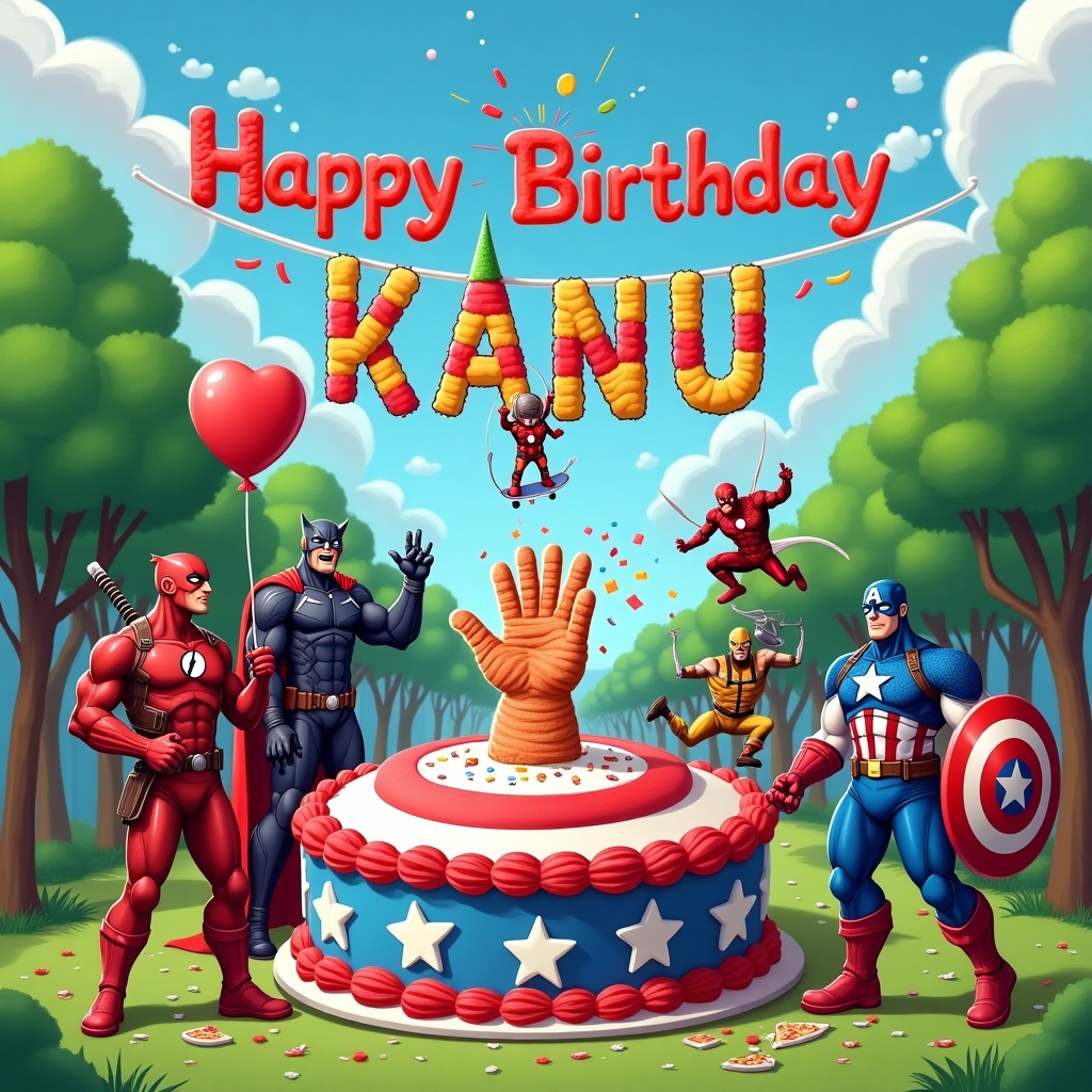 The scene unfolds in a whimsical, vibrant superhero-themed park where each character is caught in a humorous birthday tableau. In the center, a colossal cake shaped like Captain America's shield serves as the centerpiece. Perched atop the cake is a tiny Iron Man figure, playfully shooting streams of frosting like repulsor beams. To the left, Thor stands, laughing heartily, as he uses Mjölnir to tap a massive piñata shaped like Thanos' gauntlet, causing candy to rain down. The piñata is exploding with sweet treats in the air, spelling out "Happy Birthday Kanu" in colorful candy letters.

Nearby, Flash zips around the cake in a red blur, leaving a trail of sparkling confetti in his wake, creating a dynamic ring of color. Hulk, wearing a festive party hat that's almost comically small for his giant head, is gently holding a balloon shaped like Spiderman. This Spiderman balloon is in mid-swing, with its string webbed onto Hulk’s finger. Deadpool is photobombing from behind the cake, holding a slice of pizza in one hand and a "thumbs up" with the other, his mask contorted into a wide grin.

Black Panther is calmly seated at a table, cutting slices of cake with precision, his claws delicately holding a knife and fork. Wolverine stands next to him, playfully slicing a piece of cake with his adamantium claws, bits of frosting splattering onto the "Happy Birthday Kanu" banner strung above them in the sky, made from superhero capes of various colors.

In the background, Captain America is balancing on his shield like a skateboard, playfully dodging small fireworks set off by Tony Stark's tech. The scene is bordered by a lush park setting, with towering trees and a blue sky dotted with fluffy clouds in the shape of various comic symbols. High above, fluffy white clouds form the letters "K-A-N-U," ensuring the birthday message is clear for all to see.
Generated with these themes: Iron man, thor, flash, hulk, spiderman, deadpool, black panther, captain american, woolverine, thanos wishing Kanu happy birthday.
Made with ❤️ by AI.