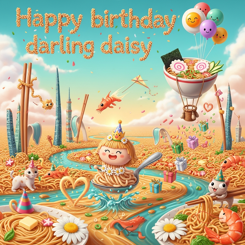 Happy birthday  to a granddaughter who loves noodles! Written in noodle style , and Birthday Card