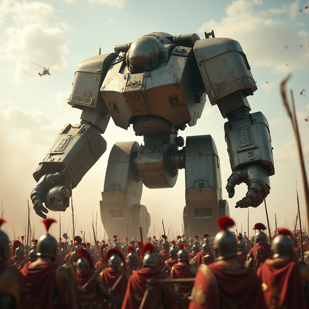 Warhammer Dreadnaught fighting a Roman legion in testudo formation, and Birthday Card