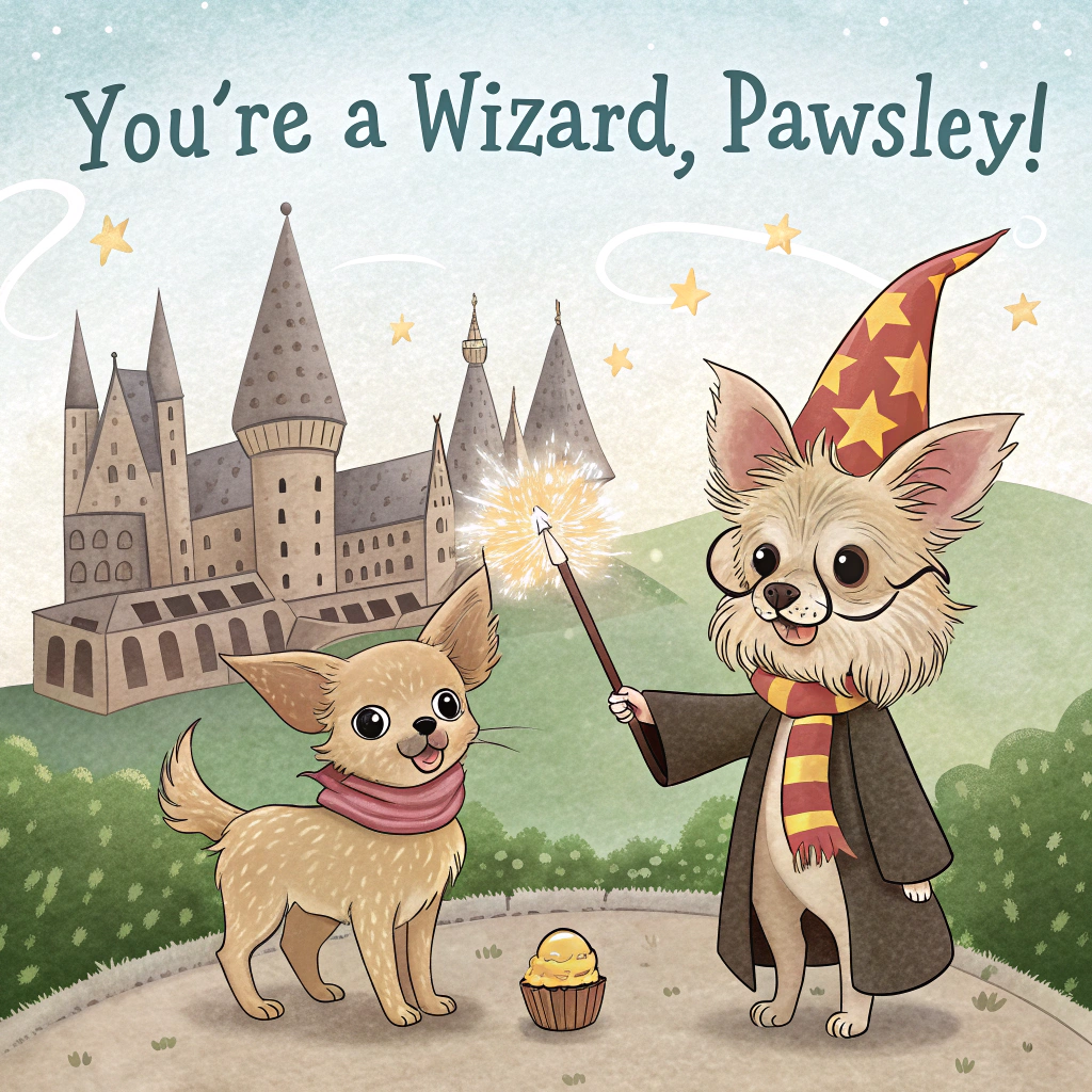 Two long haired beige chihuahuas , Harry potter, Hogwarts, and One tiny long haired grey chihuahua Birthday Card