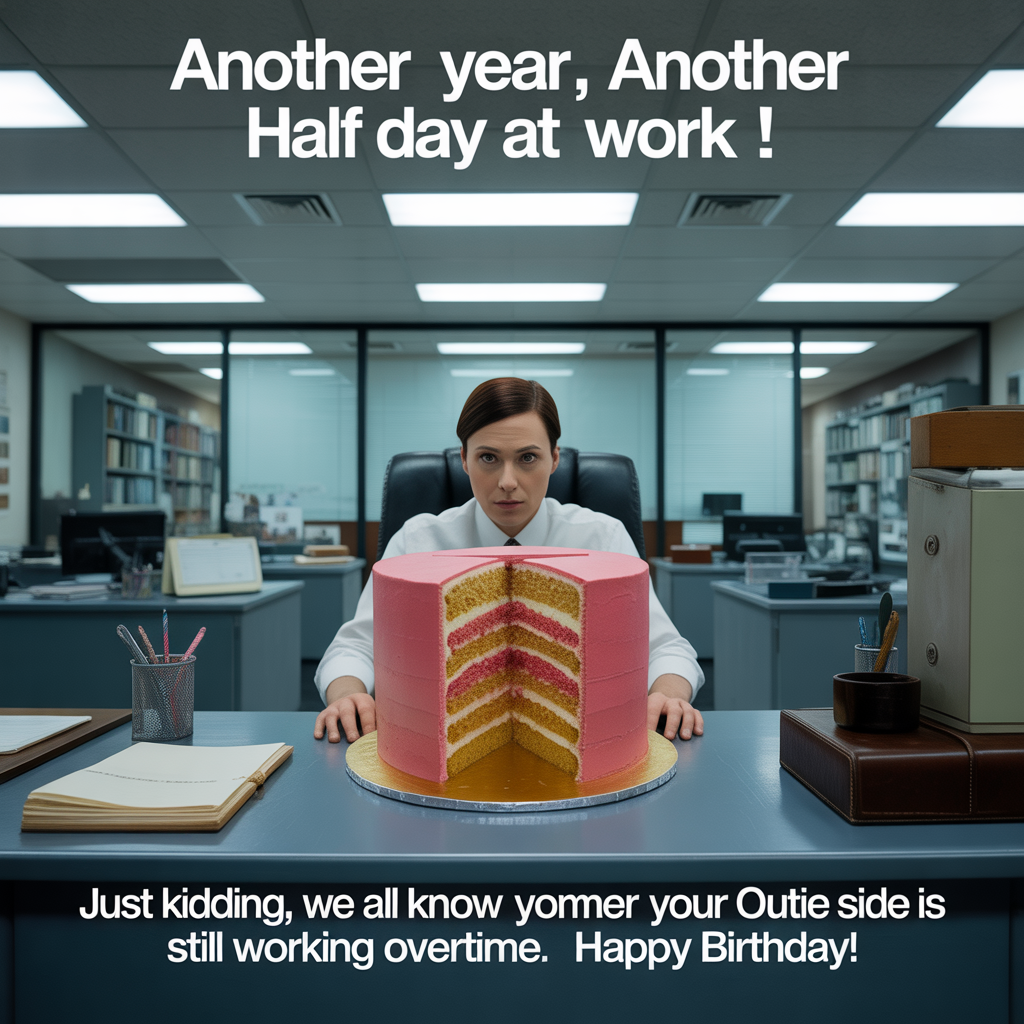 ### Image Prompt

Capture a photorealistic scene set in an impeccably neat office environment reminiscent of the show "Severance". In the foreground, a worker sits at a vintage office desk, peering over at a large birthday cake that has been sliced perfectly in half, echoing the show's theme of divided lives. The office lighting is sharp and clinical, accentuating the cake's vibrant colors against the subdued background. 

### Text

At the top of the image: "Another Year, Another Half Day at Work!"

At the bottom of the image: "Just kidding, we all know your outie side is still working overtime. Happy Birthday!"
Generated with these themes: Severance (TV show), and .
Made with ❤️ by AI.
