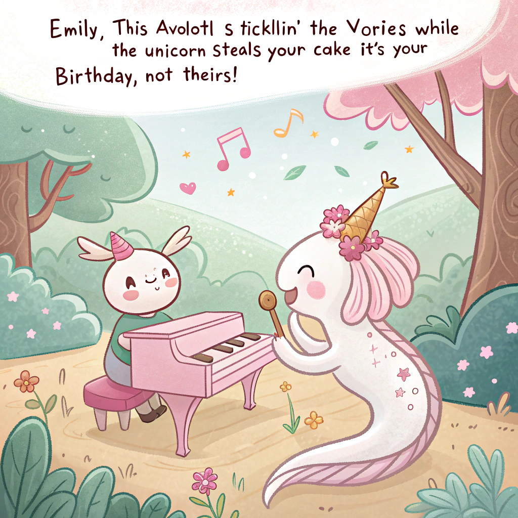 At the top of the image, "Emily, this axolotl’s ticklin’ the ivories while the unicorn steals your cake – it’s your birthday, not theirs!"

- In the center of the image, illustrate a whimsical, cartoon-style scene set in a pastel-colored forest glade. An adorable axolotl with rosy cheeks and a tiny party hat is seated on a tiny, candy-pink grand piano, energetically playing a tune with one flipper in the air.  
- Beside it, a chubby unicorn with rainbow hair and frosting-smeared hooves is caught red-hoofed sneaking a bite from a hilariously oversized birthday cake with glittering candles, looking both guilty and proud.  
- Around them are floating musical notes made of jelly beans and tiny cake slices dancing like confetti in the air, adding extra cuteness and chaos to the party vibe.  
- Include tiny cartoon woodland creatures (like squirrels, birds, and bunnies) clapping along and wearing party hats for an extra dose of cheer.
Generated with these themes: Axolotyl, Piano, Cake , and Unicorn .
Made with ❤️ by AI.