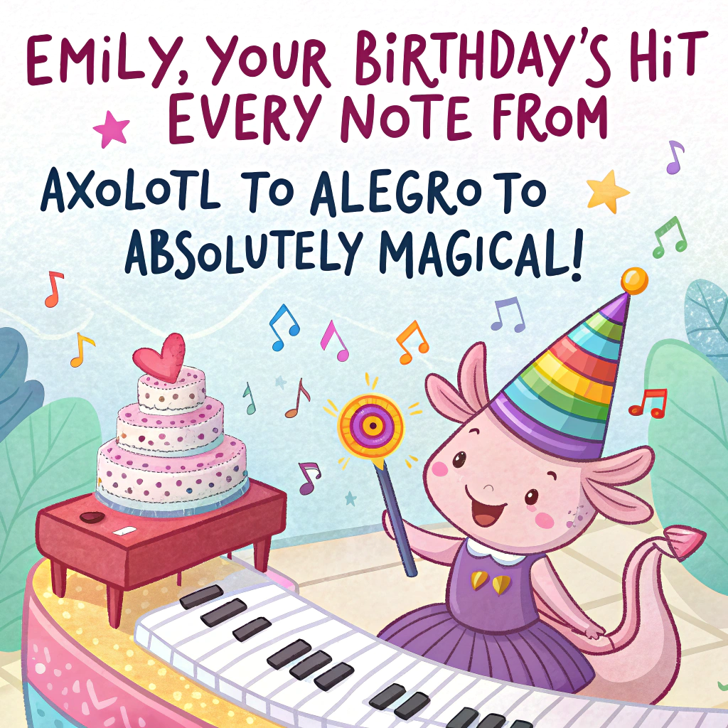 Axolotyl, Piano, Cake , and Unicorn Birthday Card
