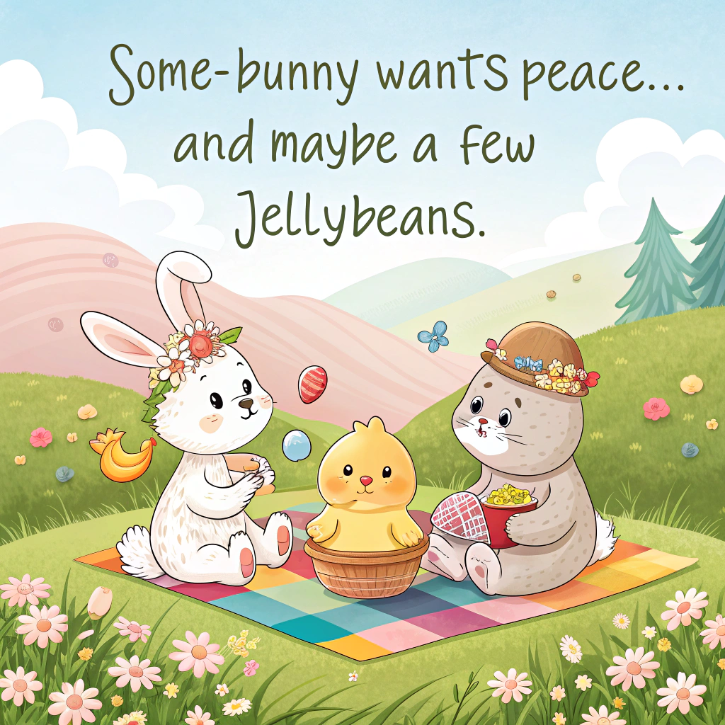 At the top of the image, "Some-bunny wants peace… and maybe a few jellybeans."

- In the center of the image, illustrate a charming cartoon meadow filled with pastel flowers, soft hills, and blue skies.  
- A group of adorable animals—a bunny, a baby lamb, a duckling, and a chick—all sit together on a colorful picnic blanket.  
- They're each wearing tiny flower crowns, sharing painted Easter eggs and snuggling happily.  
- Above them, little doves with olive branches flutter through the air, forming a gentle heart shape.  
- The scene radiates harmony, joy, and the spirit of Easter togetherness.
Generated with these themes: Easter Peace for all.
Made with ❤️ by AI.