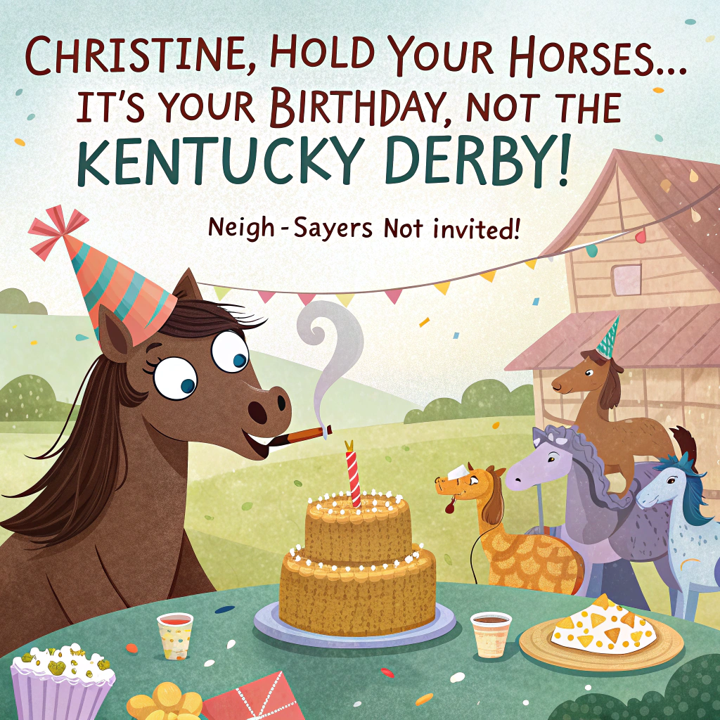 At the top of the image, "Christine, hold your horses... it's your birthday, not the Kentucky Derby!"

- In the center of the image, depict a wide-eyed cartoon horse wearing a glittery party hat, sitting at a birthday table with a massive cake shaped like a hay bale. The horse is blowing a party horn with crossed eyes, and a birthday banner reads “Neigh-sayers Not Invited!”

- A few other goofy-looking farm animals in party hats cheer in the background, tossing confetti, while one tiny pony photobombs the scene holding a balloon shaped like a horseshoe.

- Add at the bottom of the image: "Hope your day gallops into fabulous fun!"
Generated with these themes: Horse.
Made with ❤️ by AI.