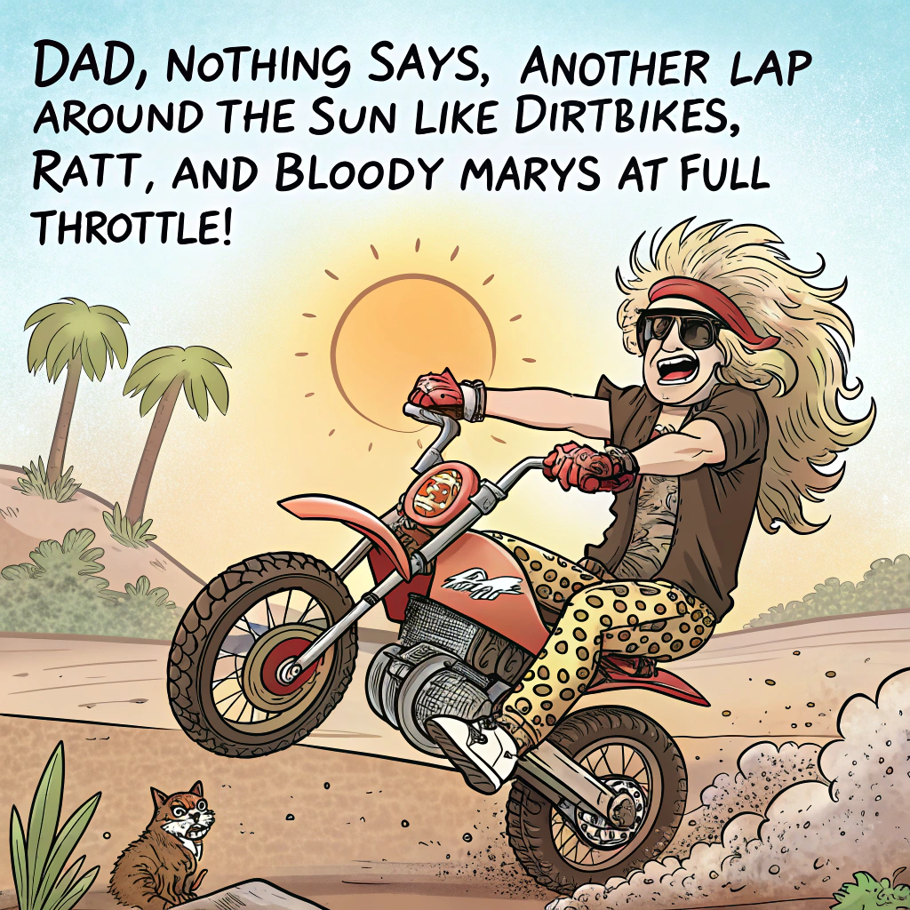 At the top of the image, "Dad, nothing says ‘another lap around the sun’ like dirtbikes, Ratt, and Bloody Marys at full throttle!" 

– The image should show a cartoon scene with “Dad” doing a dramatic wheelie on a mud-splattered dirtbike, wearing 80s glam rock gear inspired by Ratt (think leopard print leggings, bandana, big hair wig under his helmet), with a Bloody Mary in one hand—miraculously unspilled.  
– In the background, a small squirrel wearing sunglasses jams on a tiny electric guitar.  
– Mud splashes spell out "Happy Birthday!" in the air behind the bike.
Generated with these themes: Dirtbikes, The band Ratt, and Bloody Mary's.
Made with ❤️ by AI.