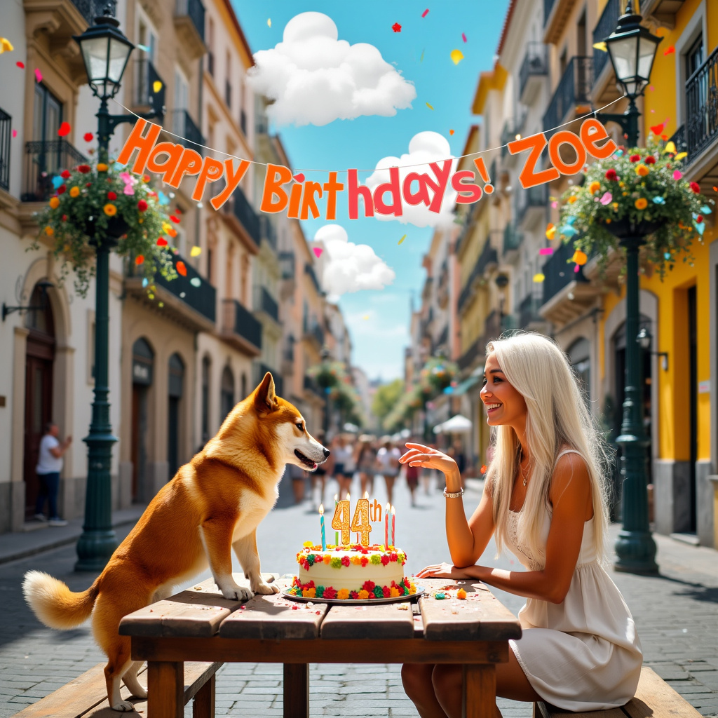 Shiba Inu, Blonde woman 44th Birthday, Medium build, Madrid spain chueca town square, 44 years old, Long white blond straight hair, Long limbs, Happy 44th Birthday , Table, Birthday cake, Candles, Side view of woman, and Smiling Birthday Card