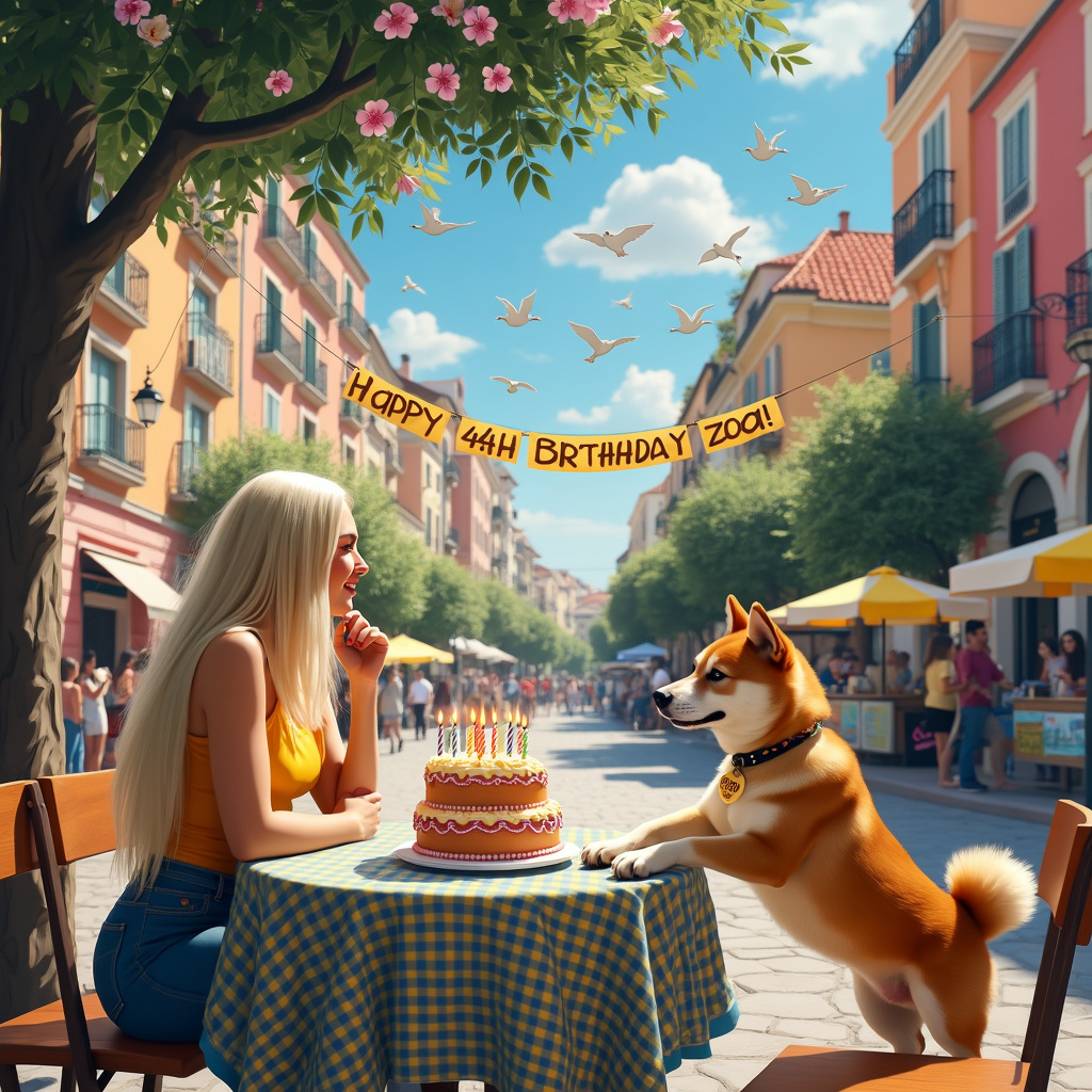 Shiba Inu, Blonde woman 44th Birthday, Medium build, Madrid spain chueca town square, 44 years old, Long white blond straight hair, Long limbs, Happy 44th Birthday , Table, Birthday cake, Candles, Side view of woman, and Smiling Birthday Card