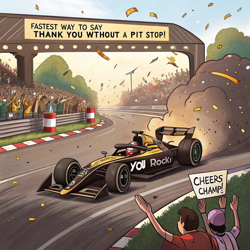 The black and gold F1 car from the APXGP team wins the F1 Grand Prix at sunset in front of a cheering crowd.  a small plane pulling a banner that says THANK YOU is flying in the sky above Thank-you Card