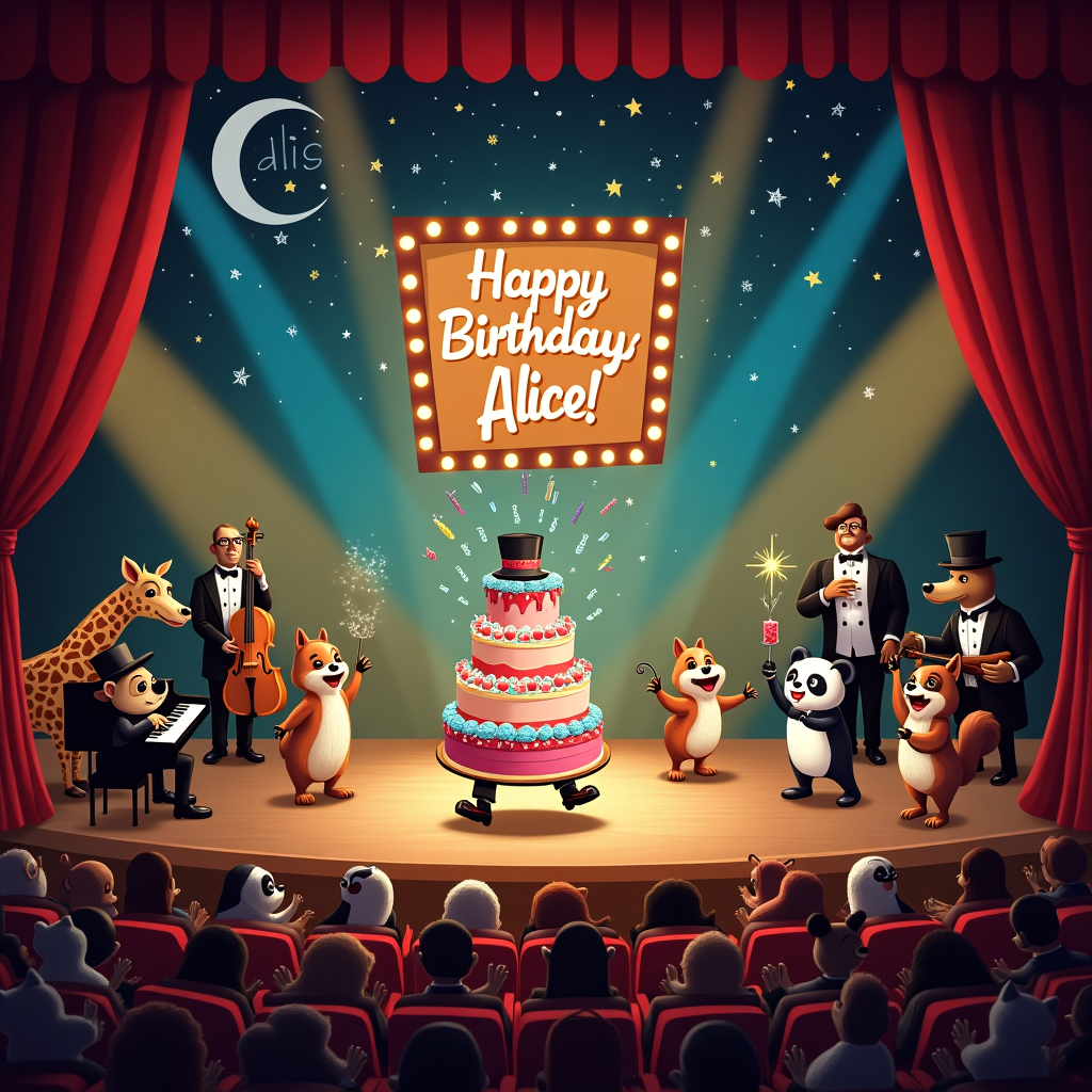 The scene unfolds in a whimsical, bustling theater stage set for a birthday extravaganza musical. At the center of the stage, a flamboyant, anthropomorphic birthday cake takes the spotlight, wearing a top hat and tap-dancing shoes, executing a dazzling dance number. The cake is adorned with colorful frosting, sprinkles, and sparklers that shoot confetti into the air, creating a vibrant atmosphere. Above the cake, a large, glowing marquee sign hangs with bright bulb letters spelling out "Happy Birthday, Alice!" as the centerpiece of the scene.

On either side of the stage, cartoon animals in tuxedos and evening gowns perform as the orchestra. A giraffe plays an upright bass, a raccoon strums a violin, and a chubby panda enthusiastically bangs on the piano keys. In the background, silhouetted penguins hold spotlights, casting beams of rainbow light across the stage, adding to the festive feel.

To the left of the stage, a trio of singing cupcakes with wide grins and jazz hands harmonizes, while to the right, a group of dancing candles, complete with expressive eyes and lively movements, perform synchronized choreography. In the audience, a sea of cheerful characters, including a bespectacled squirrel and a top-hat-wearing dachshund, clap and cheer in their plush theater seats, visibly delighted by the spectacle.

The ceiling of the theater is painted to look like a night sky, with twinkling stars and a crescent moon, cleverly crafted with a combination of LED lights and paint. Among the stars, the name "Alice" is subtly incorporated into the constellations, adding a personalized touch to the whimsical scene. Above, stage curtains in rich velvety reds frame the entire performance, adding a touch of classic theater charm to the joyous birthday celebration.
Generated with these themes: musicals.
Made with ❤️ by AI.