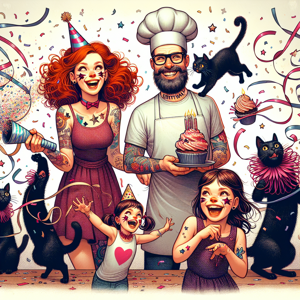 Two black cats, Chef husband with glasses, 8 year old daughter with red hair, 4 year old daughter with brown hair, and Tattoos Birthday Card