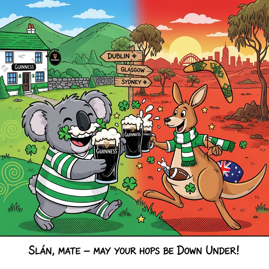 Playful cartoon style with thick black outlines, bright saturated colors, and exaggerated proportions. Big, energetic foreground: a grinning koala in a Celtic FC-style green-and-white hooped jersey hugs a frothy pint of Guinness, sporting a shamrock foam moustache. Beside it, a bouncy kangaroo in a matching green-and-white scarf clinks another pint, the splash popping into little shamrock shapes. The kangaroo’s pouch peeks a green-and-white hooped football; a boomerang with Celtic knot patterns arcs nearby. Background blends emerald Irish hills (stone wall, cozy white pub with a Guinness sign, subtle Celtic knot swirls in the grass) into warm Australian outback reds (eucalyptus trees, sun-baked earth, distant Sydney skyline). A playful wooden signpost points: Dublin →, Glasgow →, Sydney →. Confetti of shamrocks and stars whirl around them; whimsical, lively poses; clean cel shading with subtle halftone texture and crisp drop shadows.

Include a single short line of text, hand-lettered along the bottom in a bold, cheeky style:
“Slán, mate — may your hops be Down Under!”
Generated with these themes: Guinness, Ireland, Celtic Football Club, Australia, Koala, Kangaroo, Alcohol, Irish, and .
Made with ❤️ by AI.