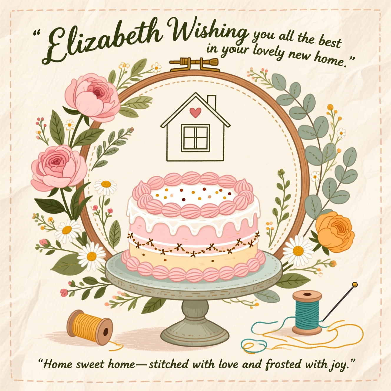 At the top of the Illustration Style image, "Elizabeth Wishing you all the best in your lovely new home"

At the bottom of the image, "Home sweet home—stitched with love and frosted with joy."

Scene:
- A warm, hand-drawn vignette on a soft cream paper texture: a freshly frosted, two-tier cake on a vintage pedestal stand sits center, its piped rosettes and scallops mimicking embroidery stitches; tiny “French knot” sprinkles dot the frosting.
- Behind the cake, an open wooden embroidery hoop frames a simple line-art house with a little heart in the window, surrounded by stitched leaves and mini blooms.
- Lush flowers (peonies, wild roses, chamomile, eucalyptus) arc around the hoop to form a gentle floral garland, their petals rendered with fine ink linework and textured brush strokes.
- Delicate spools of thread, a needle, and loose strands curl into graceful flourishes that guide the eye toward the headline; a subtle running-stitch border traces the image edges for a cozy, crafted feel.

Style and color:
- Hand-drawn illustration with fine linework, tactile brush textures, and balanced composition.
- Warm, expressive palette: blush pink, dusty rose, marigold, buttercream, sage and olive greens, soft teal accents, and hints of warm gold.
- Soft, natural lighting with gentle shadows; keep everything sincere, welcoming, and homey.

Typography and placement:
- Make the headline the focal point at the top, hand-lettered with subtle ink variations; color in deep forest green or terracotta for warmth.
- Set the bottom line smaller, elegantly spaced, harmonizing with the stitched border and floral arc.
Generated with these themes: Flowers, Embroidery , Cake, and .
Made with ❤️ by AI.