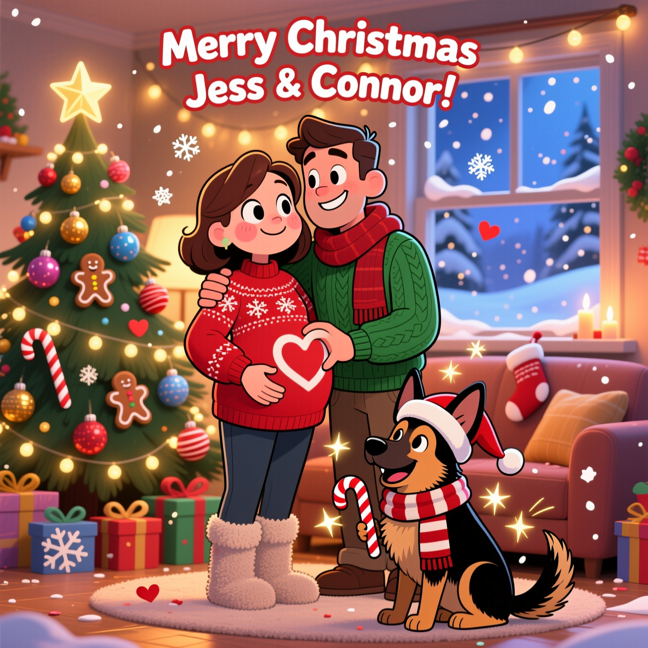 At the top of the Cartoon Style image, Merry Christmas Jess & Connor!

Cute Christmas cartoon scene in a cozy, glowing living room. Playful cartoon characters with exaggerated proportions, thick outlines, bright saturated colors, and whimsical, energetic poses. Portrait, full-bleed composition.

Center: a pregnant woman in a cozy red snowflake sweater and fuzzy socks, rosy cheeks, big sparkling eyes, gently smiling; she stands 3/4 view with hands forming a heart over her baby bump. Her partner in a green cable-knit jumper and scarf leans in with an adoring grin, one arm around her shoulders, the other hand joining to complete the heart. In the foreground, a cheerful German Shepherd dog (black-and-tan coat, big perked ears, fluffy chest) sits slightly to the side wearing a striped festive scarf and a tiny tilted Santa hat; tail wagging wildly with playful swoosh lines and twinkly star sparkles, holding a candy cane tied with a ribbon.

Background: a tall Christmas tree loaded with oversized ornaments, candy canes, gingerbread shapes, and a glowing star; warm fairy lights and soft golden bokeh. A window shows gentle snowfall and a dusky blue winter sky. Stockings and wrapped gifts add charm. Snowflake confetti and tiny heart-and-star sparkles float around the couple and bump.

Style notes: thick black outlines, bold cel shading, glossy highlights, warm candlelit glow contrasted with cool snowy blues from the window; big expressive faces, rounded chibi-like proportions, dynamic poses; clean, uncluttered floor space around the characters. No extra text besides specified captions. No watermark or signature.

Text styling:
- Top text “Merry Christmas Jess & Connor!” in playful hand-lettered candy-cane red and white with a soft golden glow.
- At the bottom of the image, a small curved festive ribbon with the line: “Bump, love & waggy tails!”
Generated with these themes: Pregnant women , Partner , Germany shepherd dog , and .
Made with ❤️ by AI.