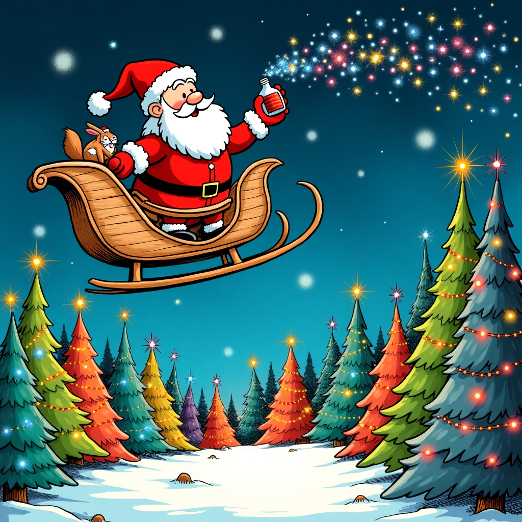 Cartoon Santa Claus in sleigh throwing out coloured ink droplets onto Christmas trees Christmas Card