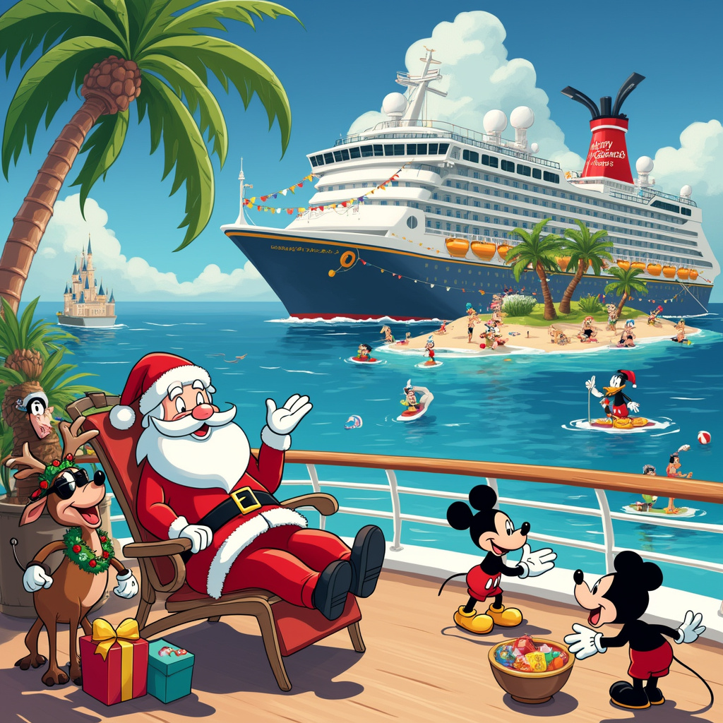 In the bustling, vibrant style of a holiday cartoon, the scene opens with a whimsical twist on the classic Christmas setting. Santa Claus, in his signature red suit and hat, is lounging on a deck chair on the sun-drenched deck of a luxurious cruise ship. Instead of his usual snowy North Pole backdrop, he’s surrounded by the glistening blue sea and a bright, sunny sky. 

To his left, a cheerful reindeer wearing sunglasses and a Hawaiian lei is sipping a tropical drink from a coconut. Santa’s sleigh, humorously transformed into a small lifeboat, is tethered to the side of the cruise ship, overflowing with colorful suitcases adorned with travel stickers from around the world.

On the horizon, the iconic Sleeping Beauty Castle from Disneyland rises majestically, but with a humorous twist—it’s perched on a small tropical island surrounded by palm trees. Mickey Mouse and Goofy, in festive beachwear, wave excitedly from the castle’s turret. Pluto, donning reindeer antlers, is frolicking in the surf below, chasing a beach ball.

The cruise ship itself is festooned with Christmas lights and decorations. A large banner strung across the ship’s bow reads, “Merry Cruisemas!” In the background, other passengers, including Disney characters like Donald Duck and Daisy, can be seen engaging in various holiday activities. Some are building sandmen instead of snowmen on the ship’s sandy deck, while others are decorating a palm tree with baubles and tinsel.

The overall scene is bustling with detail: elves on roller skates delivering presents to sunbathing passengers, a snow machine on the upper deck creating a playful flurry for a makeshift snowball fight, and a penguin lifeguard keeping a watchful eye over the festivities. The vibrant colors and dynamic composition draw inspiration from the cartoonish yet detailed styles of the referenced artists, creating a unique and playful holiday image.
Generated with these themes: santa, cruise ships, disneyland, sun, sea, suitcases.
Made with ❤️ by AI.