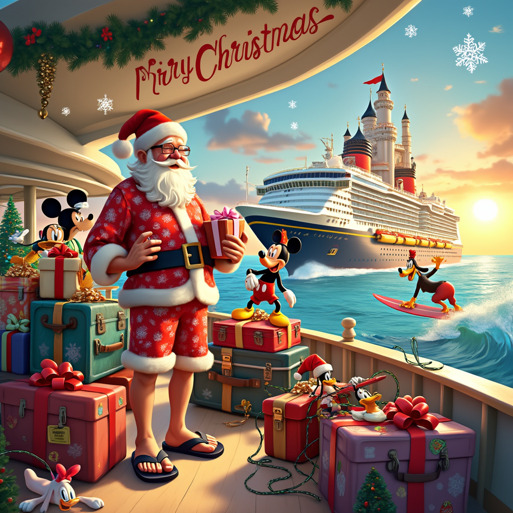 Santa, cruise ships, disneyland, sun, sea, suitcases Christmas Card