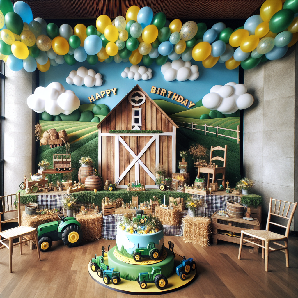 Imagine a convivial indoor space, full of vibrant balloons in the hues of green, yellow, and blue, reminiscent of traditional farm tractors. A wide banner that showcases carefully designed tractor cutouts drapes across the room, with 'Happy Birthday' spelled out amidst a backdrop of serene, realistic-looking clouds. At the heart of the room rests a tantalizing, round cake adorned with finely crafted tractor figures circling its boundary. It elegantly sits atop a country-style wooden table adorned by a gingham tablecloth. The cake is surrounded by petite potted flora and miniature replicas of hay bales, complimenting the table's decoration. To one side, a do-it-yourself photo booth corner stands out with its handcrafted barn and tractor accessories, primed for capturing beautiful memories.
Generated with these themes: Tractors .
Made with ❤️ by AI.