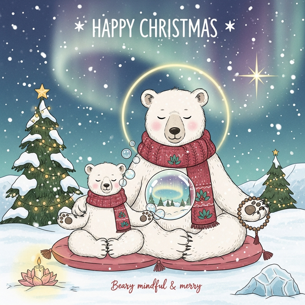 Polar bear with baby bubbles buddhism , and Christmas Card