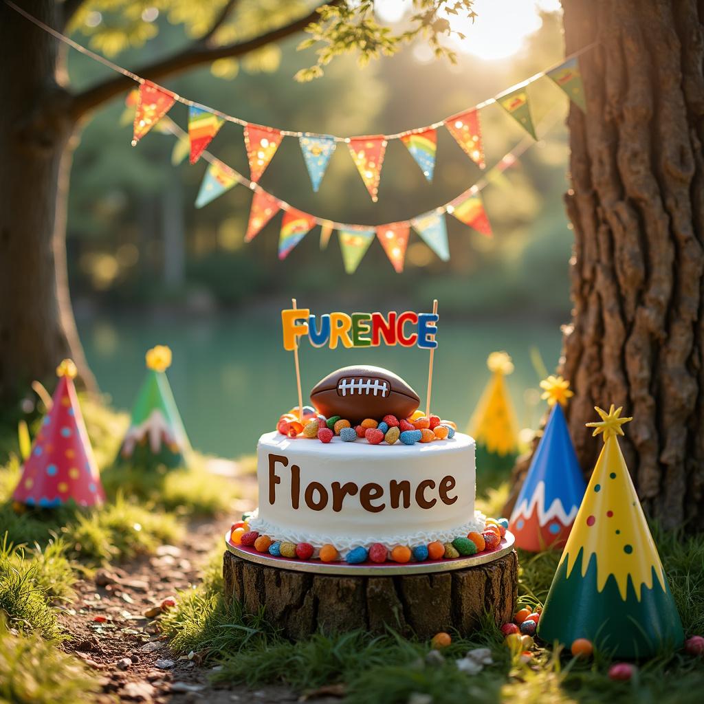 A mountain path leads to a cozy picnic spot where a white fondant cake adorned with a miniature football, rainbow flags representing the lesbian pride colors, and tiny Jaffa cakes around the edges awaits. Above, 'Happy Birthday Florence' is spelled out in colorful letters dangling from tree branches. Beside the cake, a football painted to resemble a mountain scene serves as a centrepiece, with Florence's name clearly written across it in bold, cheerful lettering. Party hats resting on the grass around the area echo the various themes with mountain, football, and Jaffa cake patterns.
Generated with these themes: Lesbian, Football, Mountains, and Jaffa cakes.
Made with ❤️ by AI.